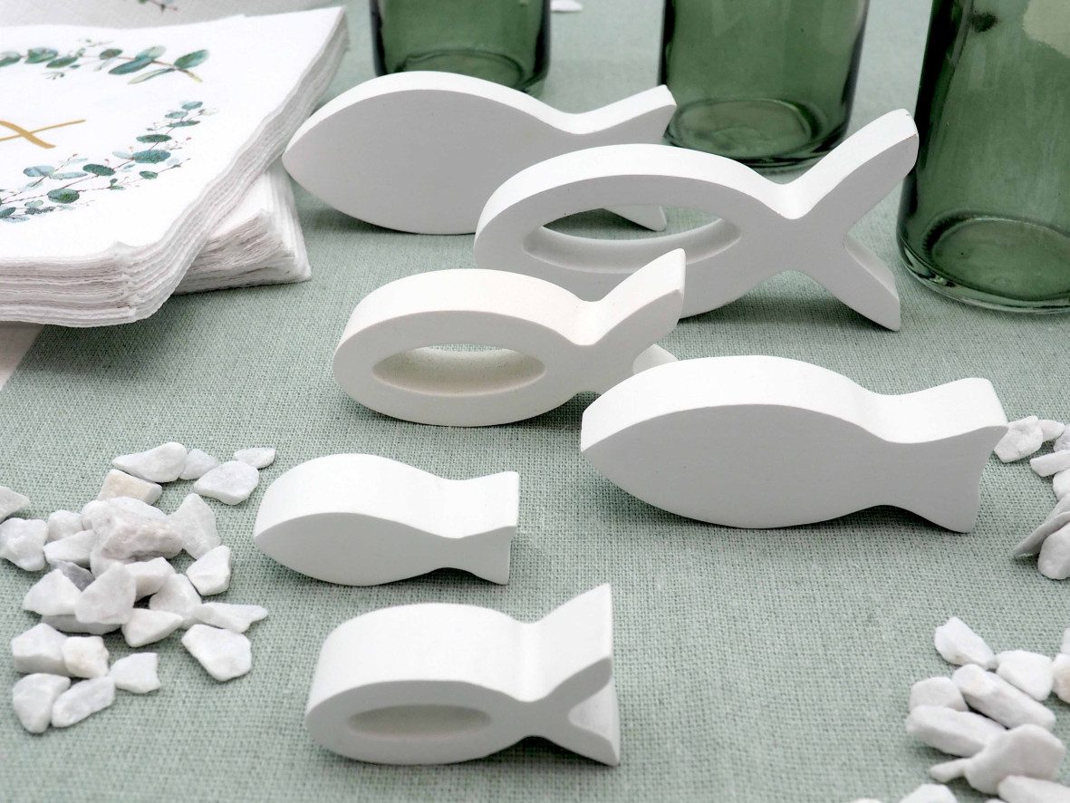 ZauberDeko Tischdecke Tischdeko Kommunion Konfi Eukalyptus Salbei Vase Fisch Weiß SET 20Pers