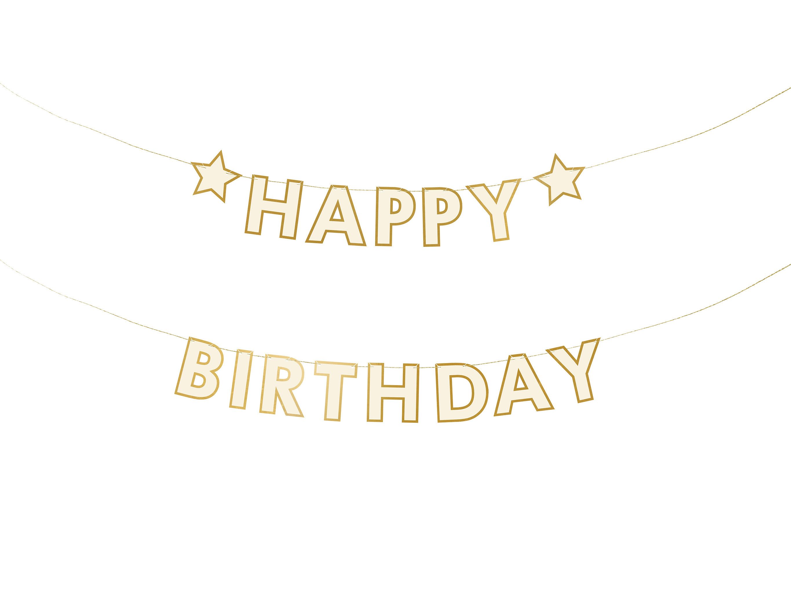 partydeco Girlande, Happy Birthday Girlande 14x220cm Banner Weiß / Gold