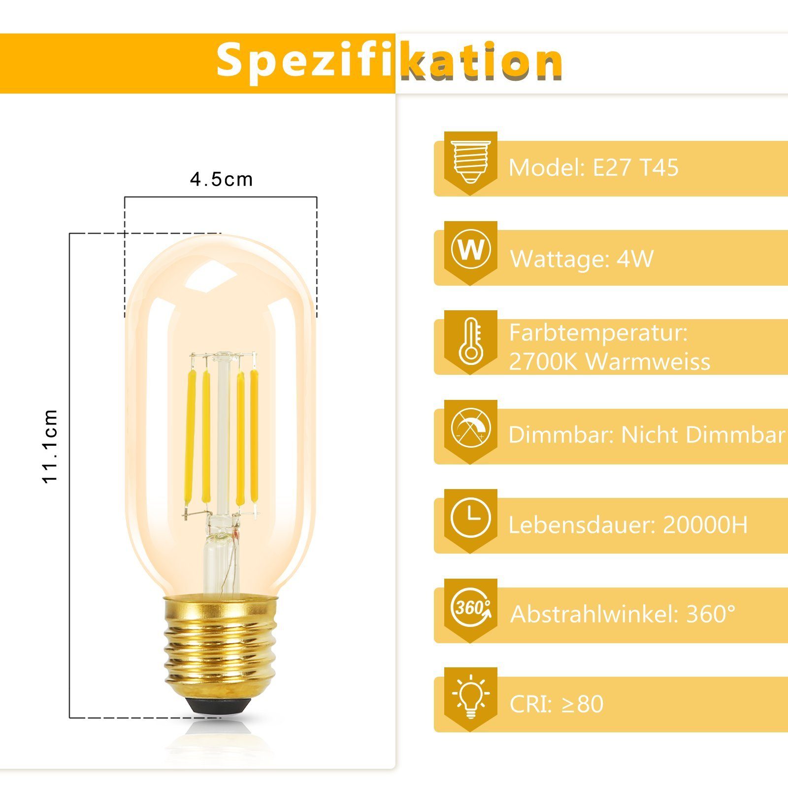 Nettlife LED-Leuchtmittel LED 4W E27 Warmweiss E27, Vintage 4 2700K, Warmweiss T45 Bernsteinfarbene Edison Lampe Birnen St., Glühbirnen