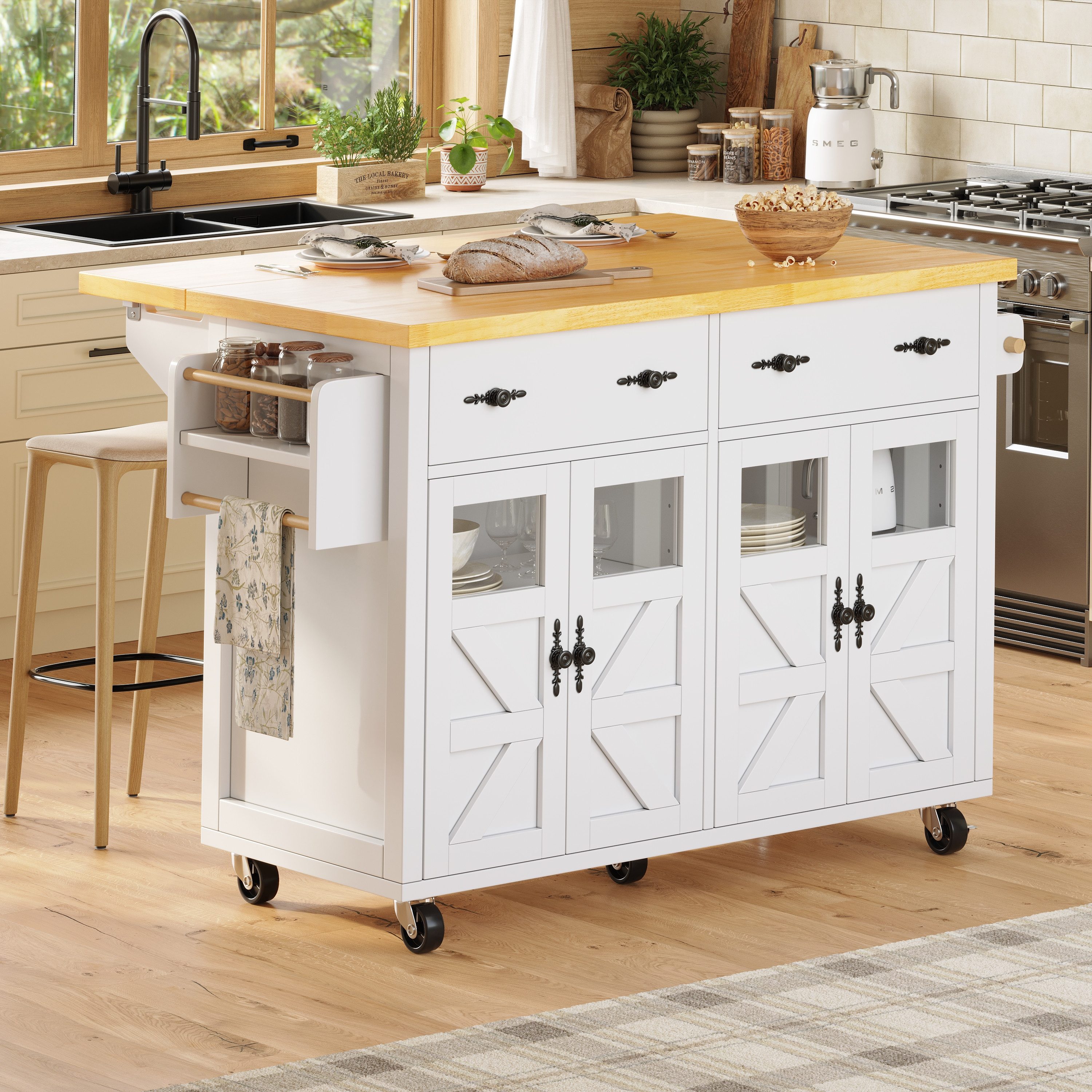 Refined Living Kücheninsel Mobile Kücheninsel/Servierwagen mit Rollen & Glastüren, Küchenschrank, (Multifunktionaler Küchen-/Buffetwagen mit Holzoptik, mit Arbeitsplatte Küchenwagen mit Glastüren, Sideboard auf Rollen, Wohnzimmerschrank mit Rollen, Multifunktionaler Esstisch mit Stauraum, Esszimmer Küchenwagen,Snackregalen), Großer Stauraum,mit Schublade & Türen,für Küche,Wohnzimmer,Büro