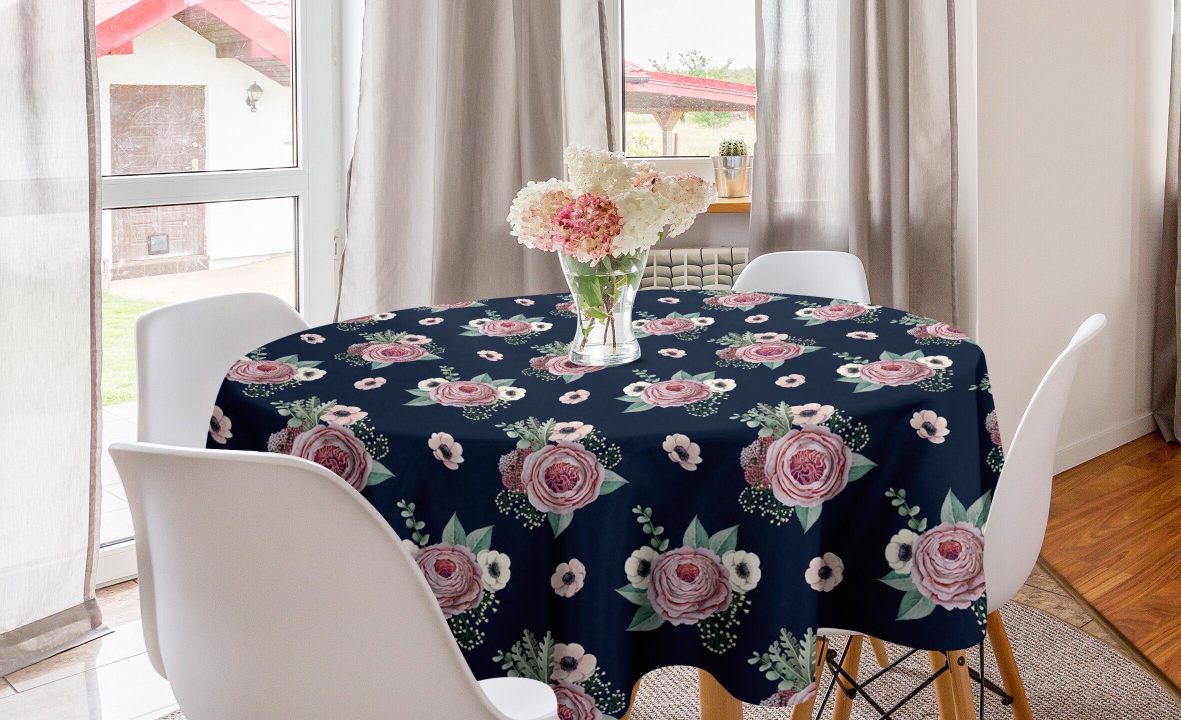 Abakuhaus Tischdecke Kreis Tischdecke Abdeckung für Esszimmer Küche Dekoration, Vintage Rose Minimalistische Blumen