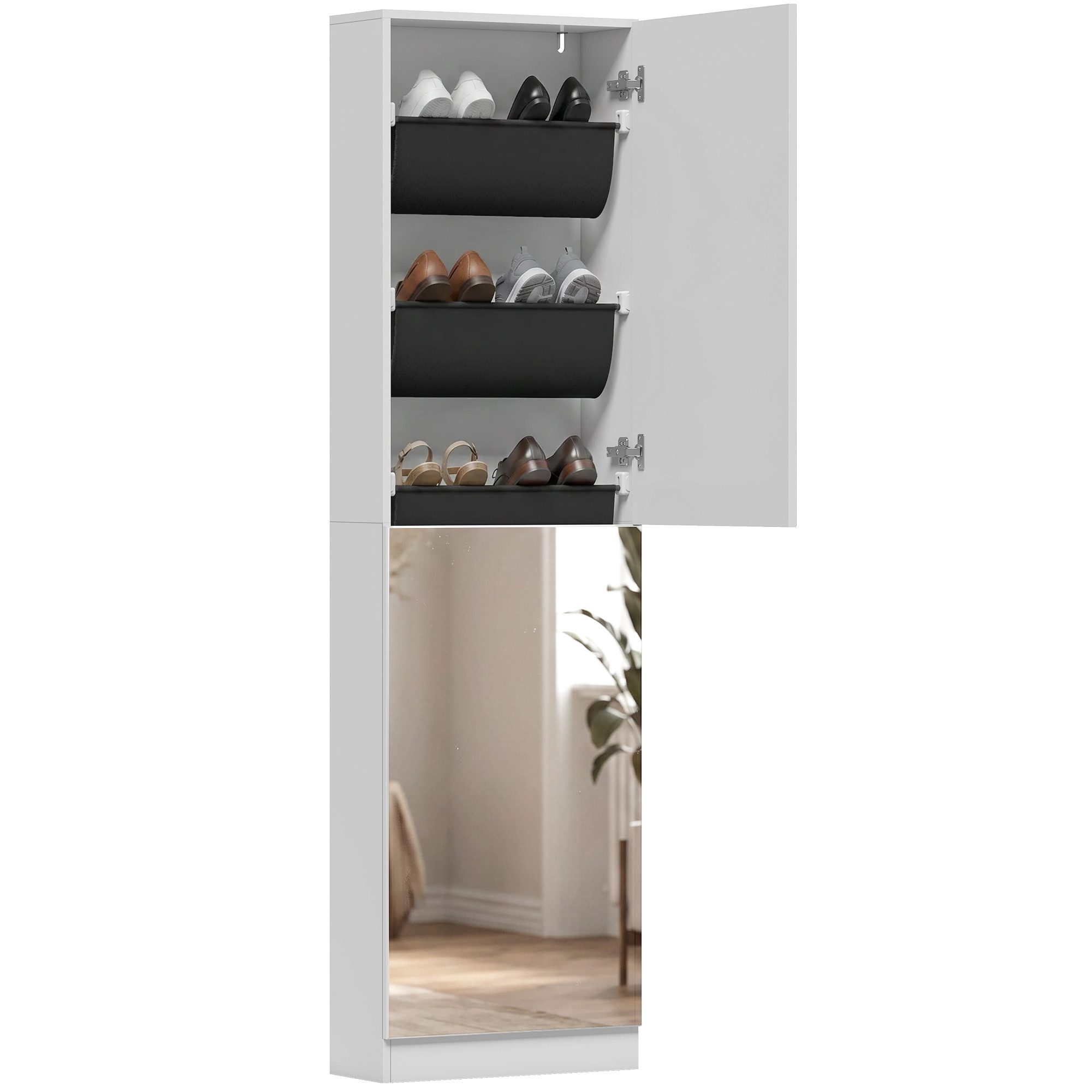 HOMCOM Schuhschrank Schuhaufbewahrung mit Ganzkörperspiegel, 2 umkehrbaren Türen (Schuhregal, 1-St., Schmale Schuhkommode) für Eingang, Flur, 50 x 20 x 180 cm, Weiß