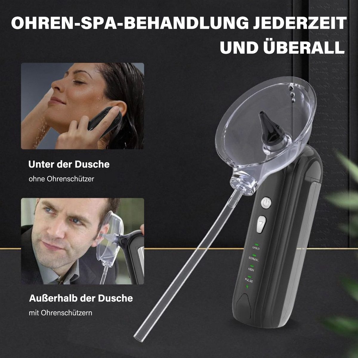 MOPUEA Ohrenreiniger Wasserbetriebener Elektrisches Ohrreinigungsset mit 4 Druckmodi Sicher, Elektrisches Ohrenreinigungssystem mit umfassendem Zubehör für sichere Reinigung., Ohrensystem mit ergonomischer Ohrmuschel und 4 Druckmodi., IPX7 wasserdicht, kinderfreundliche Modi und 60 Tage Betriebsdauer.