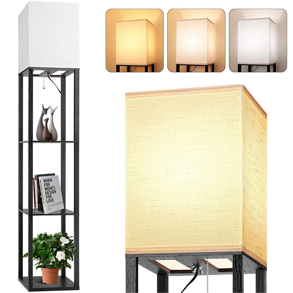Lapamax LED Stehlampe 3 Farbtemperaturen LED Stehlampe mit Regal Stehleuchte Ecke Wohnzimmer, Nachttischlampe mit Glühbirne Leinen Lampenschirme Standleuchten 160CM