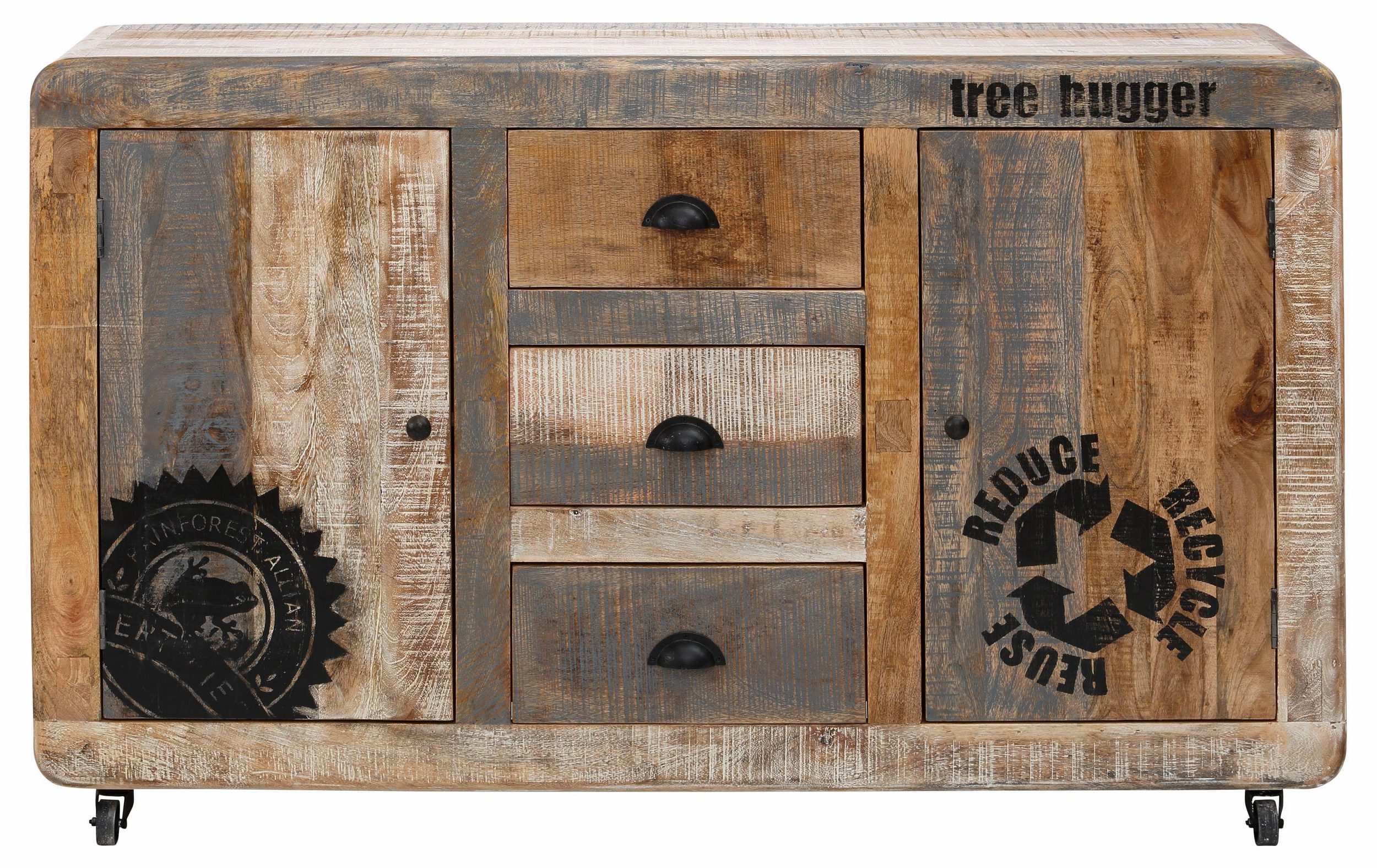 loft24 Sideboard Bulky, Schrank, Anrichte aus Mangoholz massiv mit Rollen, Industriestil