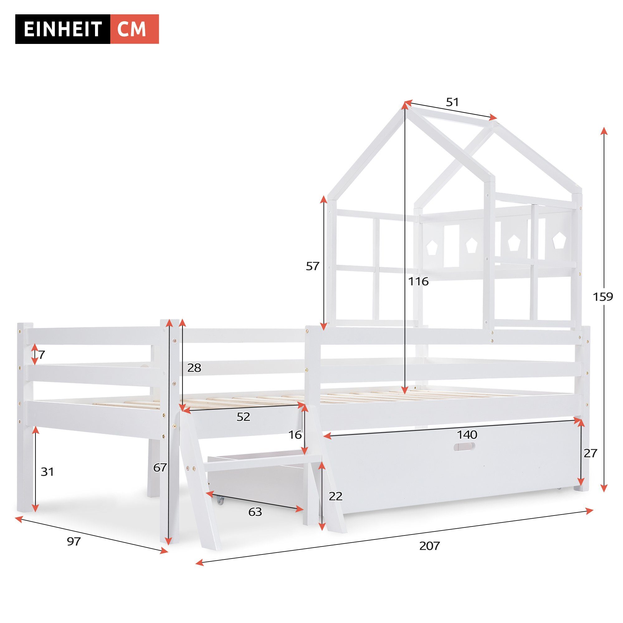 Kinderbett (Hausbett mit Lattenrost, Schublade und Leiter), Hochbett Einzelbett mit Rausfallschutz, inkl. Zaun, 90x200 cm, Kiefer