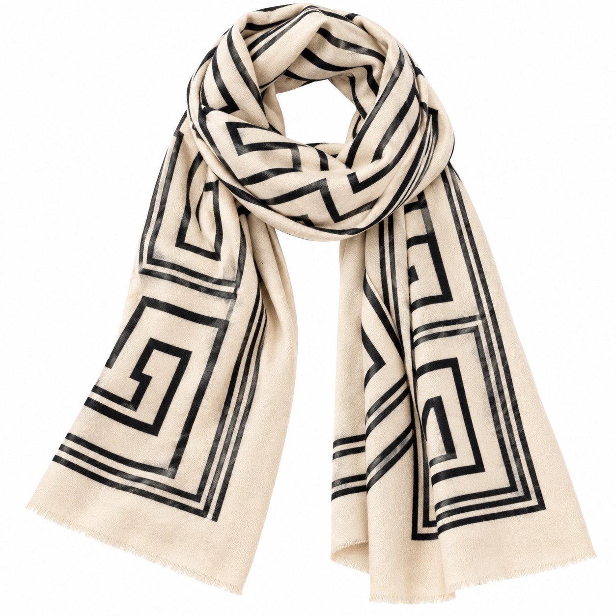 LK Trend & Style Modeschal Damenschal mit geometrischem Muster, (eleganter Winterschal mit Kaschmir, 70 x 188 cm, Beige/Braun/Schwarz), Die geometrischen Kontraste schmeicheln Ihrem Teint und Kleidungsstil