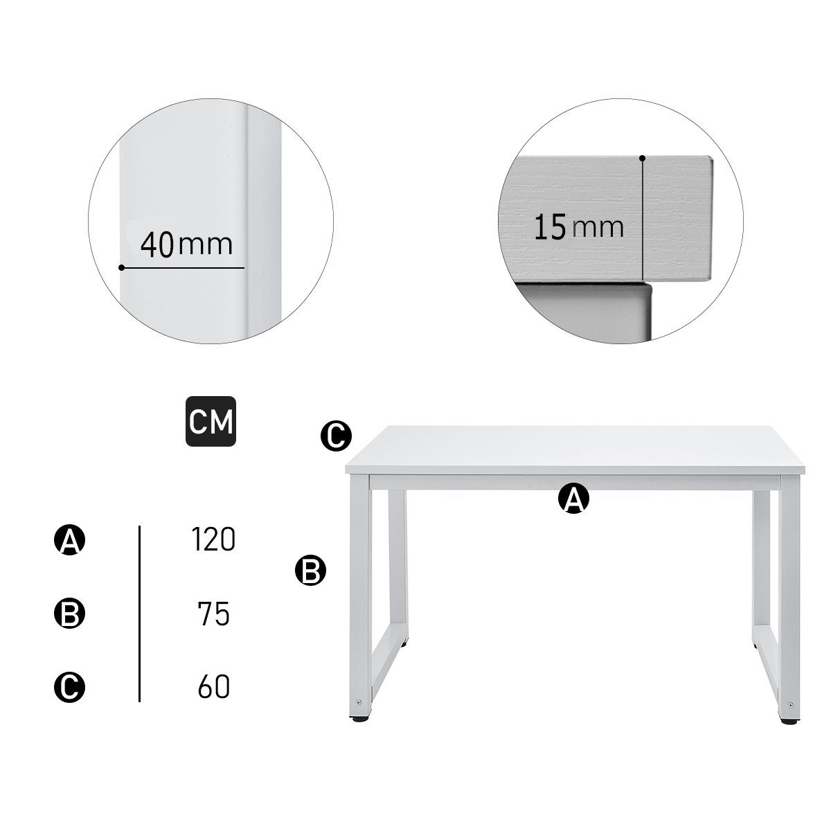 WISHDOR Computertisch Schreibtisch Bürotisch Computer-Tisch E1 Qualitäts-Spanplatten PC-Tisch (Holz 120*60*75 Stabile Arbeitstisch in cm Stahl-Beinen), modern Weiß Klasse