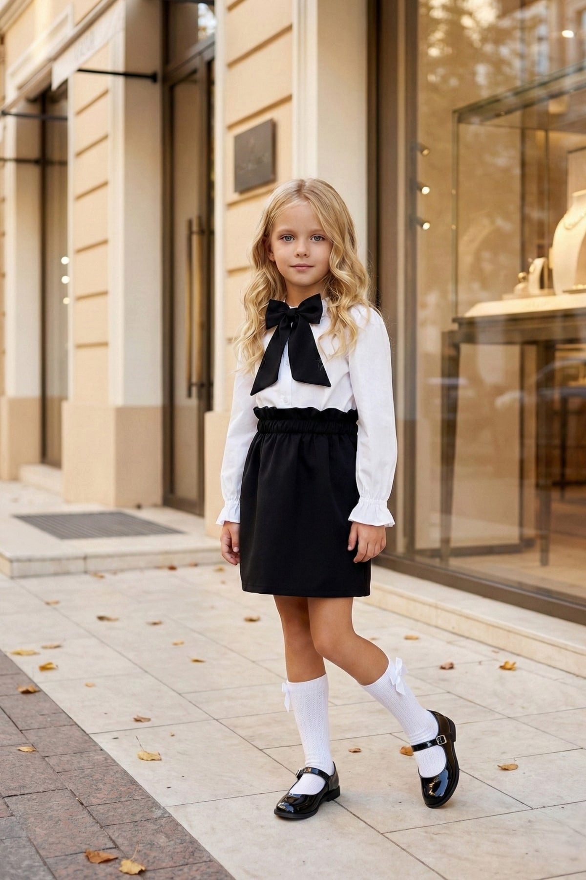 Parla Kids Shirt & Rock Set Laura - schwarzer Rock mit Raffung und weißer Bluse mit Schleife