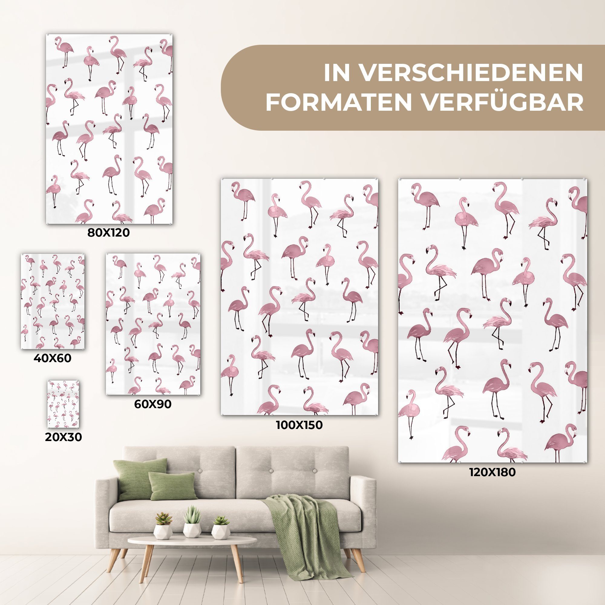 Wanddekoration bunt Glas Wandbild Foto Flamingo - - Bilder - auf - Glas Acrylglasbild auf (1 Glasbilder St), - Rosa Muster, MuchoWow