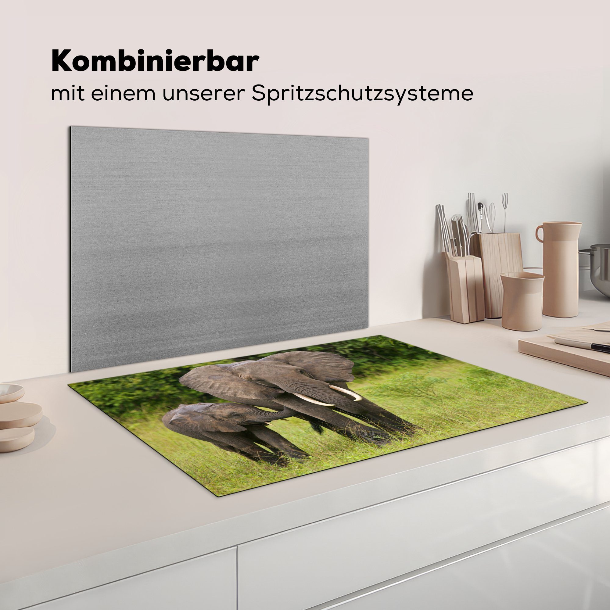 für Schutz Ceranfeldabdeckung Landschaft, Herdblende-/Abdeckplatte - - cm, die Kalb küche, Vinyl, Elefant Induktionskochfeld (1 tlg), 81x52 MuchoWow