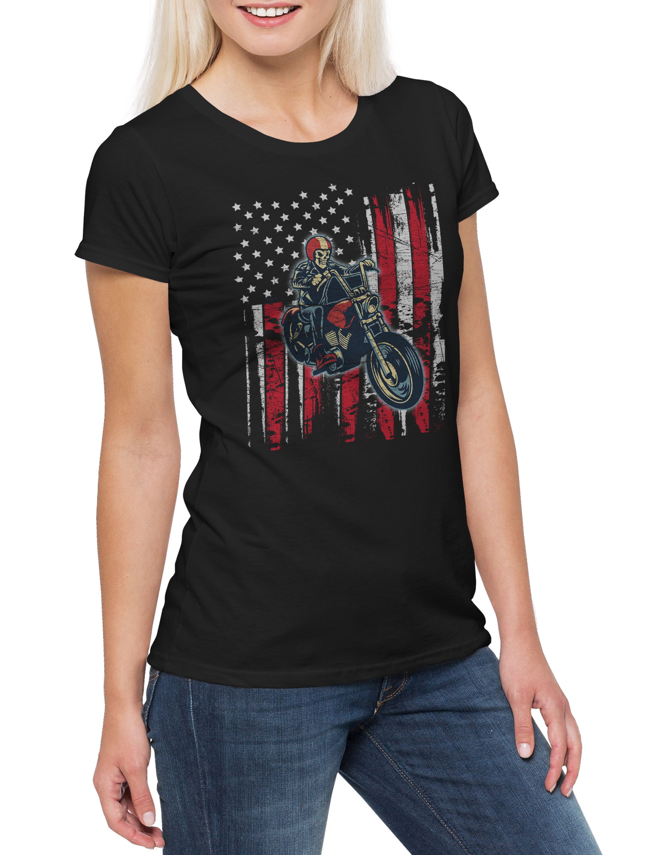 Print-Shirt Skeleton Biker Damen T-Shirt Biker Club MC Rocker Adler Eagle