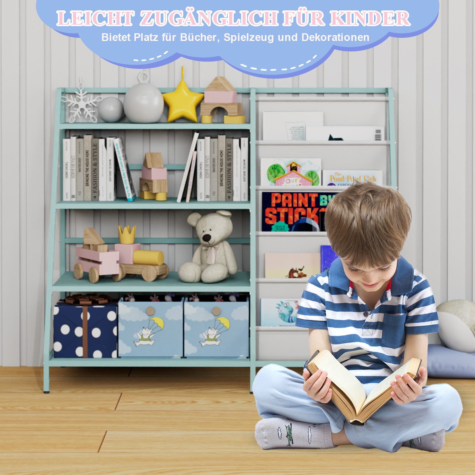 radelldar Kinderregal Bücherregal, mit 4 Fächern & 5 Taschen, Metall, 90x40 günstig online kaufen