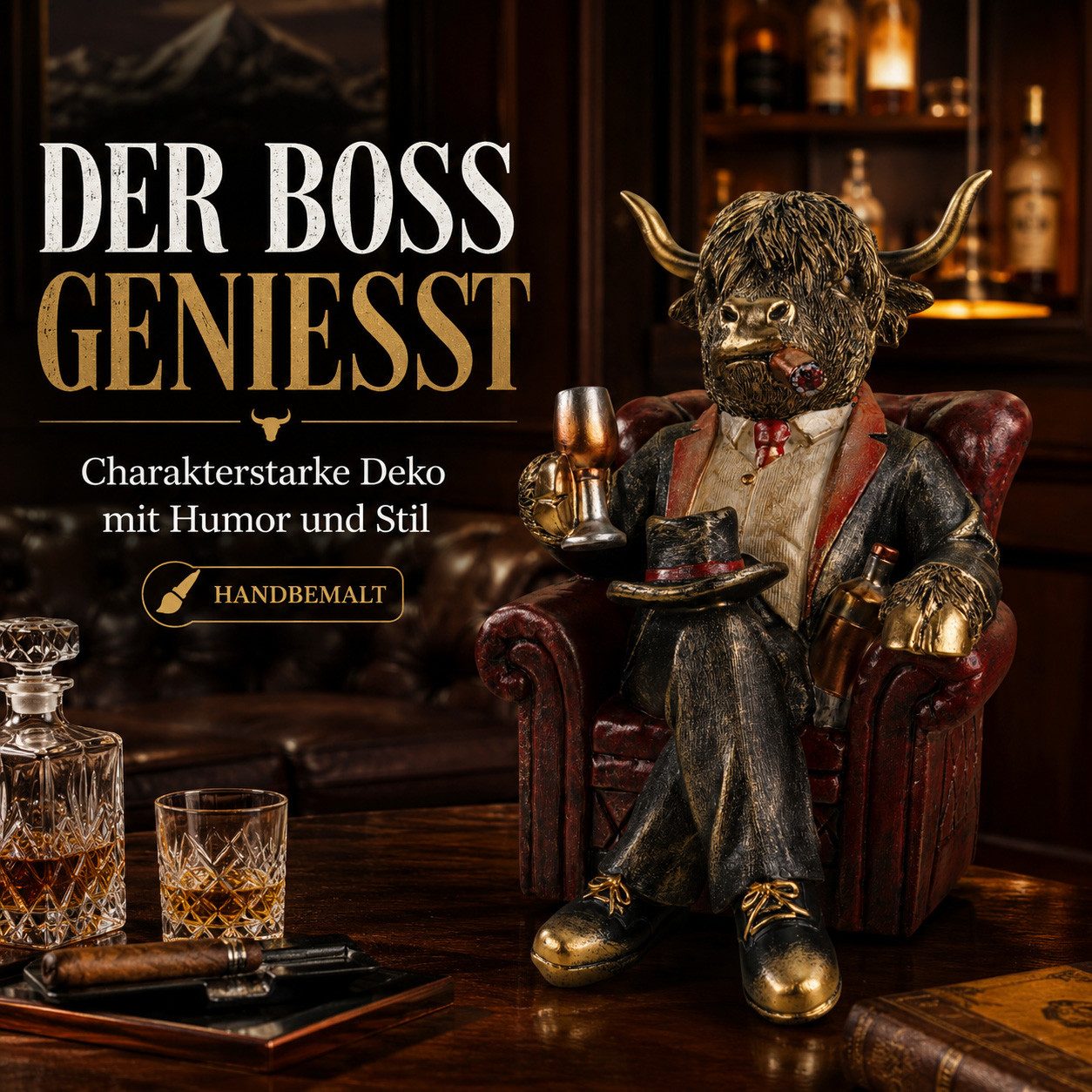 formano Dekofigur Hochlandrind Deko Tierfigur im Sessel mit Zigarre und Weinglas