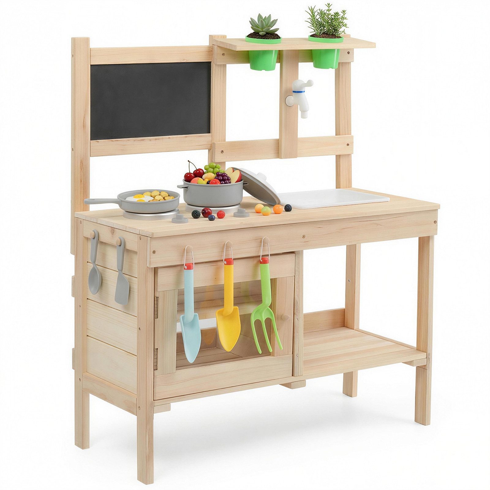 LALAHO Outdoor-Spielküche Kinder Matschküche mit Spüle, Herd, Pflanztöpfen, Tafel, Gartenküche Garten Spielset Spielküchen 77 x 35 x 94 cm