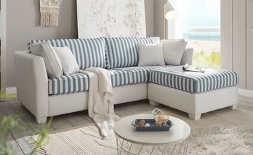 Furn.Design Sofa Hooge, 3-Sitzer in cremeweiß mit blau Landhaus, mit Bonell Federkern, inklusive Hocker