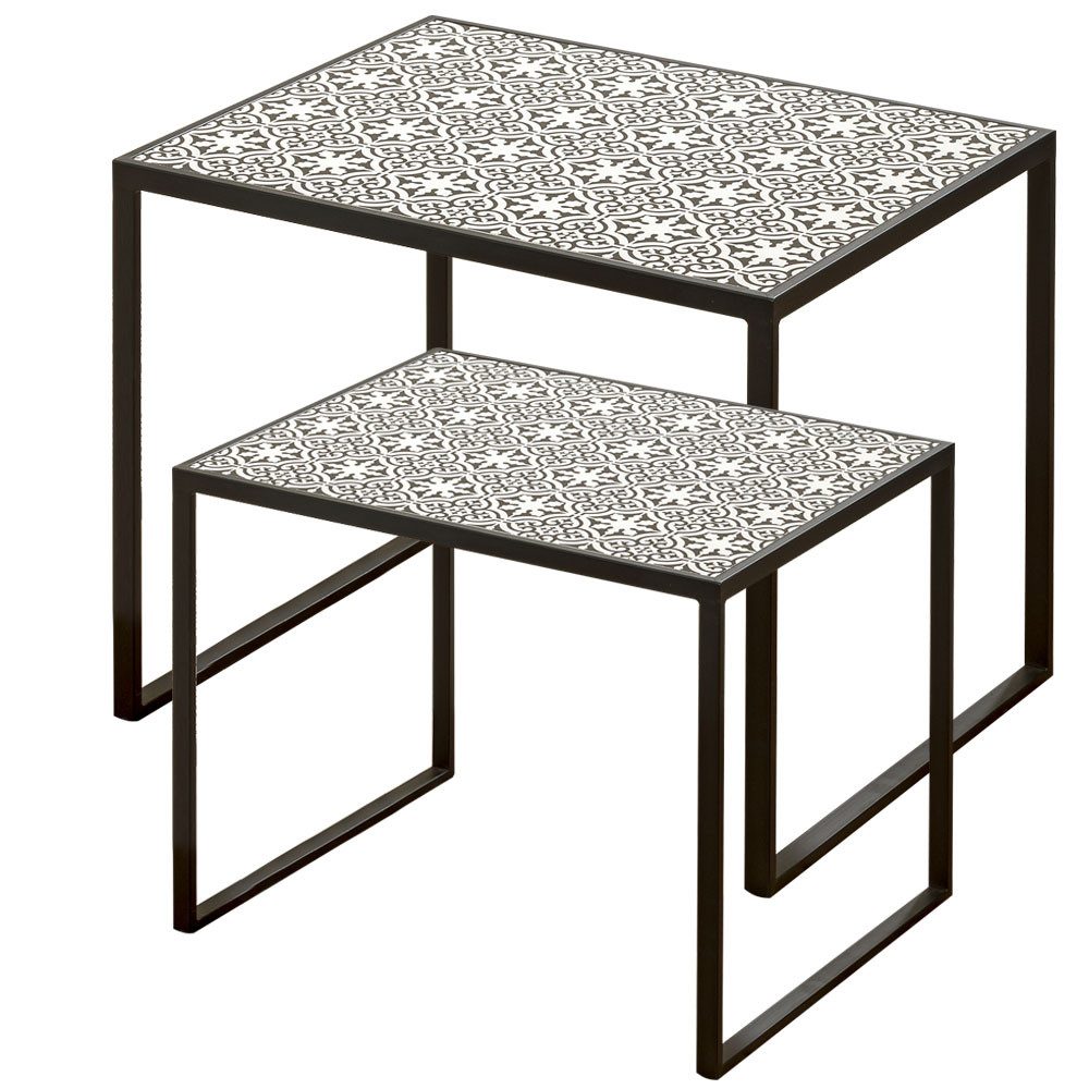 BOLTZE Beistelltisch, Beistelltisch Sofatisch Nachttisch Metall schwarz weiß Ornamente 2x