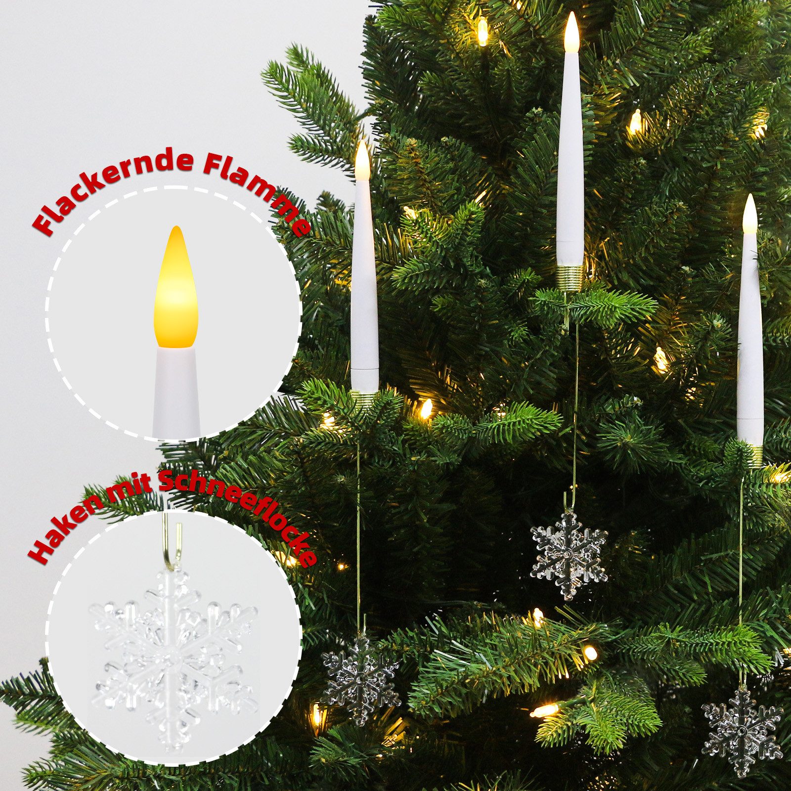 OZAVO LED-Kerze LED Weinachtsbaum Kerzen mit Kunststoff-Schneeflockendekor 12pcs (mit Fernbedienung, Flammenlose Tafelkerzen mit Timerfunktion, LED Weihnachtsba – Bild 5 von 5