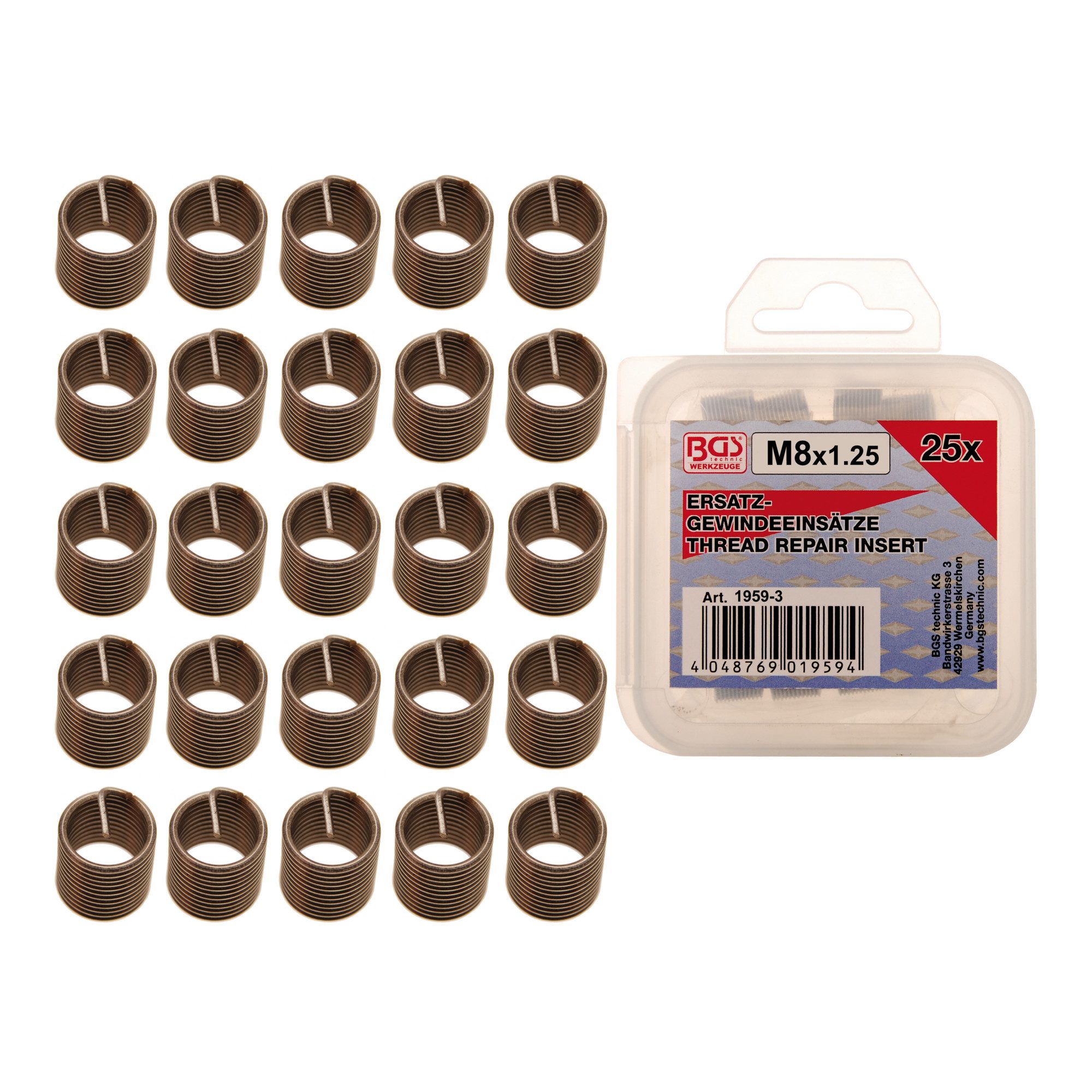 BGS technic Gewindemuffe BGS Ersatz-Gewindeeinsätze M8 x 1,25 mm, 25-tlg.