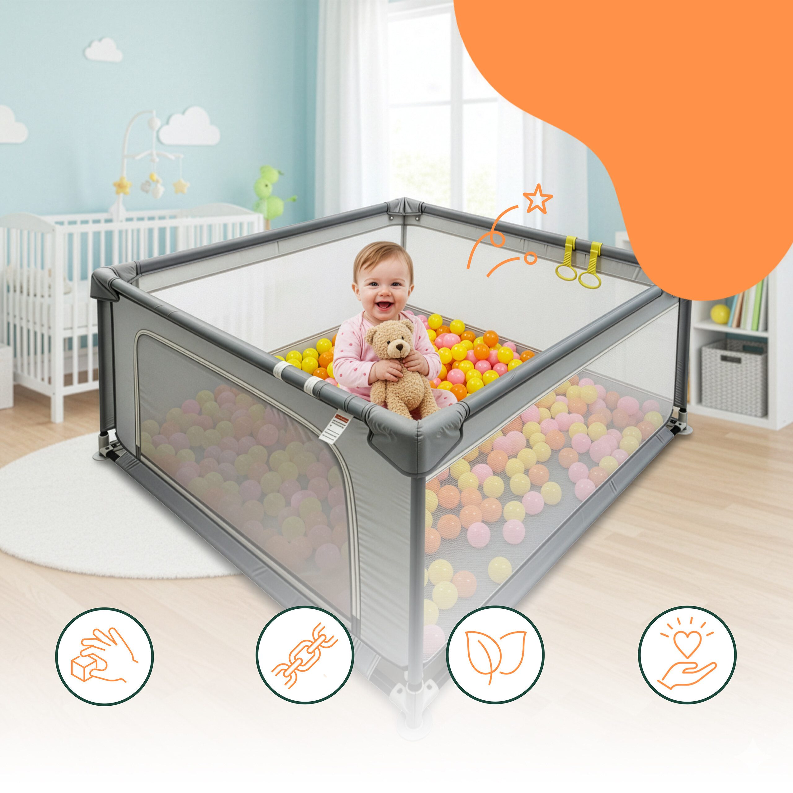 relaxdays Laufgitter Laufstall Baby mit 50 Bällen, 120 x 120 cm