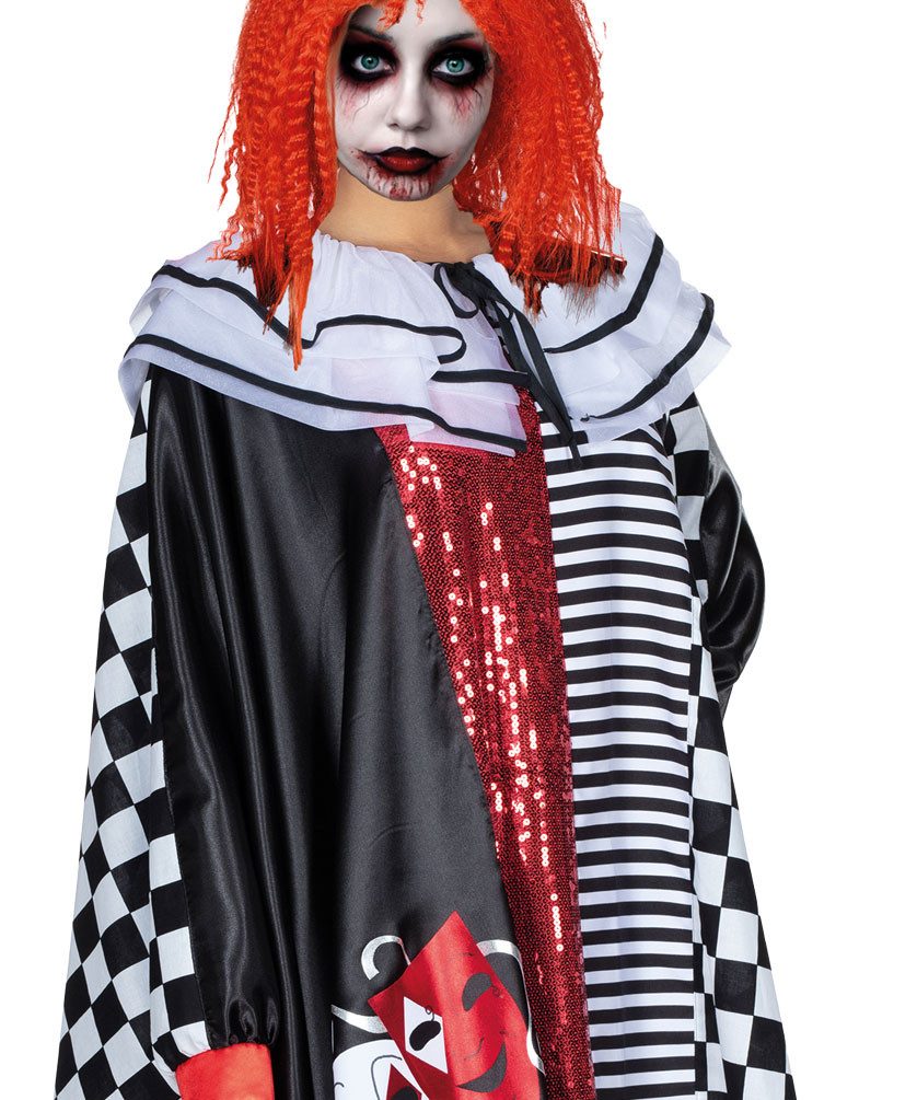 Karneval-Klamotten Kostüm Horror Pierrot Damen grusel Halloweenkostüm Narr, Damenkostüm Halloweenkostüm Clown Harlekin Cape Umhang Karneval