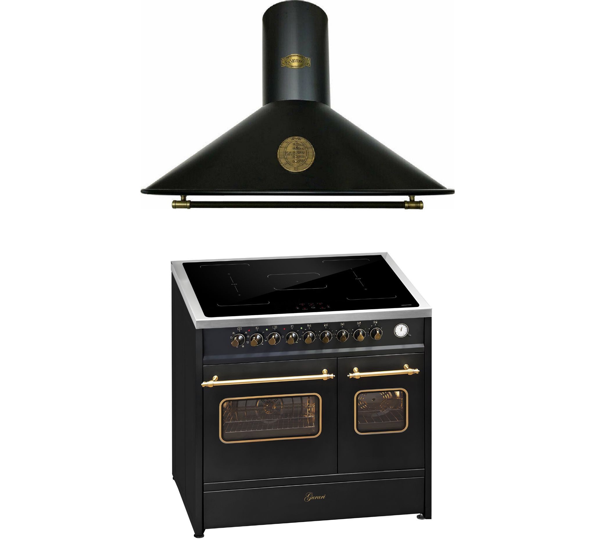 GURARI Induktions-Standherd Retro Elektro Standherd 90 cm, Range Coocker mit FLEX Induktion+Dunstabzugshaube Umluft/Abluft • 910 m³/h • 90 cm E 913 DF RU BL+A 9423 BE ECO, mit 1-fach-Teleskopauszug