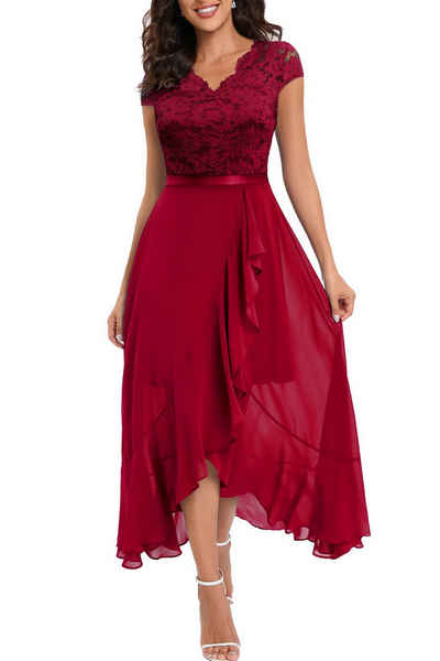 B.X Abendkleid Damen Cocktailkleid,Maxikleid,Spitzenkleid,V-Ausschnitt Sommerkleid Elegant Floral Spitze Rüschen Brautjungfer Maxikleid