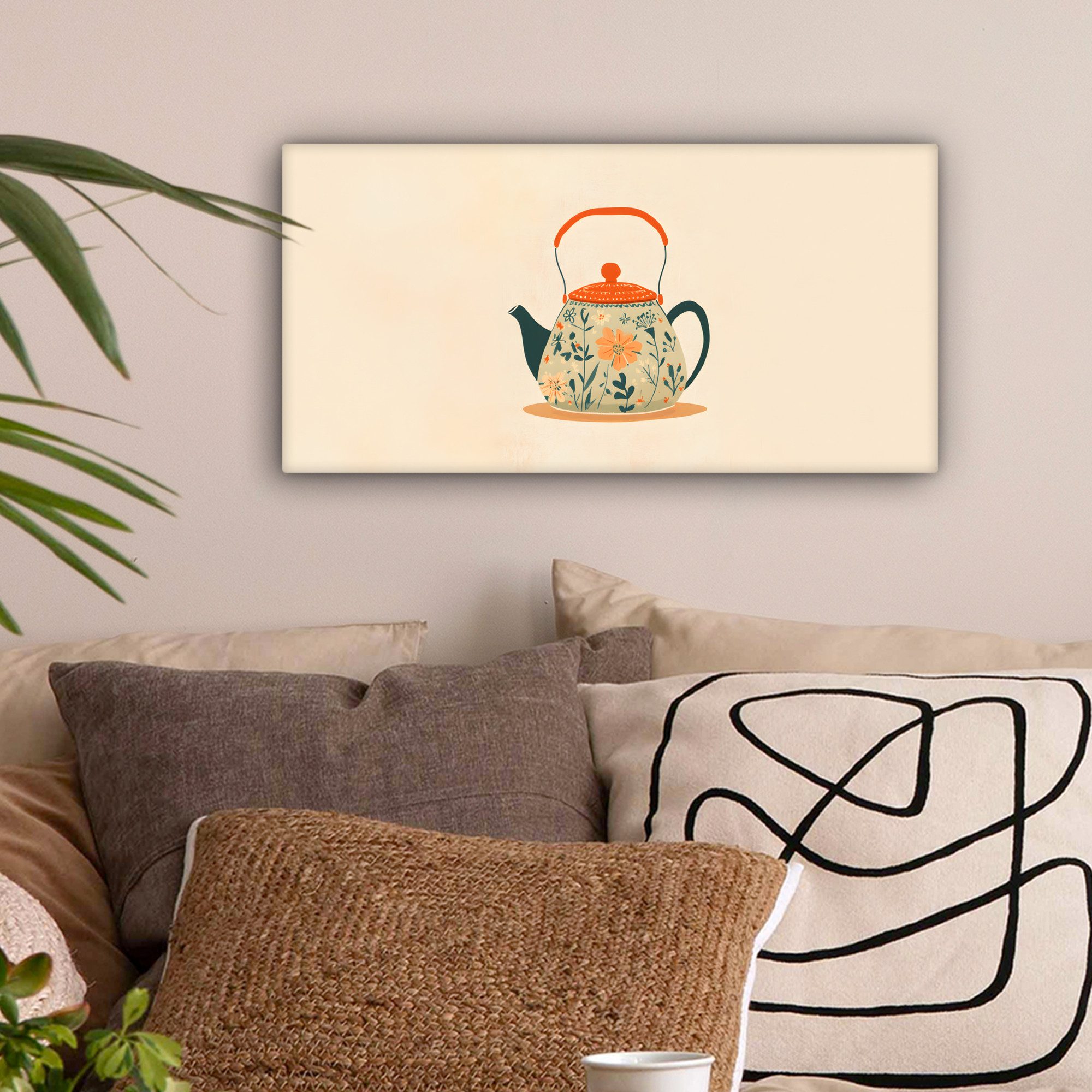 OneMillionCanvasses® Leinwandbild Panorama Orange - Teekanne - Blumen - Blä günstig online kaufen