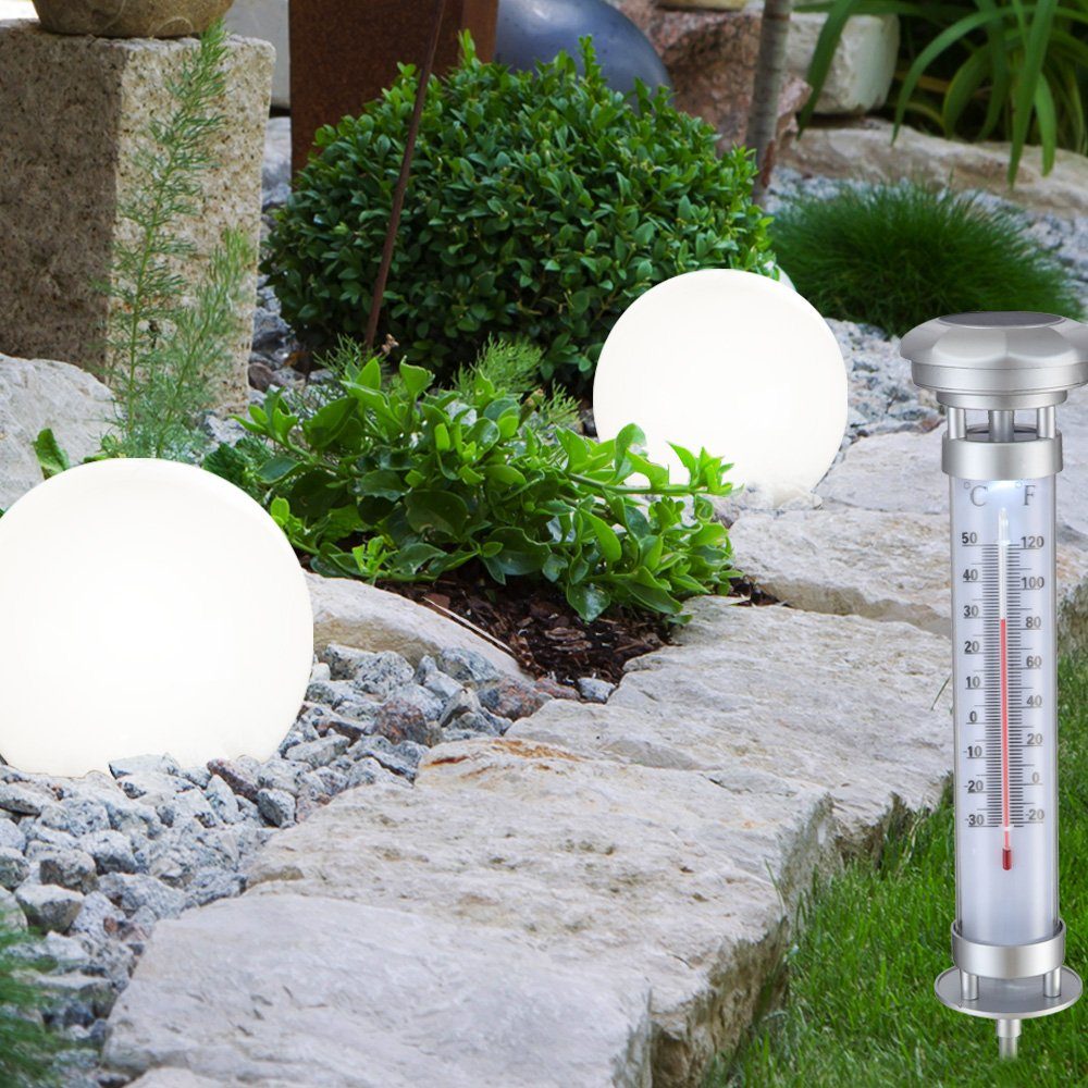 etc-shop LED Gartenleuchte, LED-Leuchtmittel fest verbaut, Warmweiß, 3x LED Solar Steck Kugel Lampen Hof Außen Thermometer Terassen