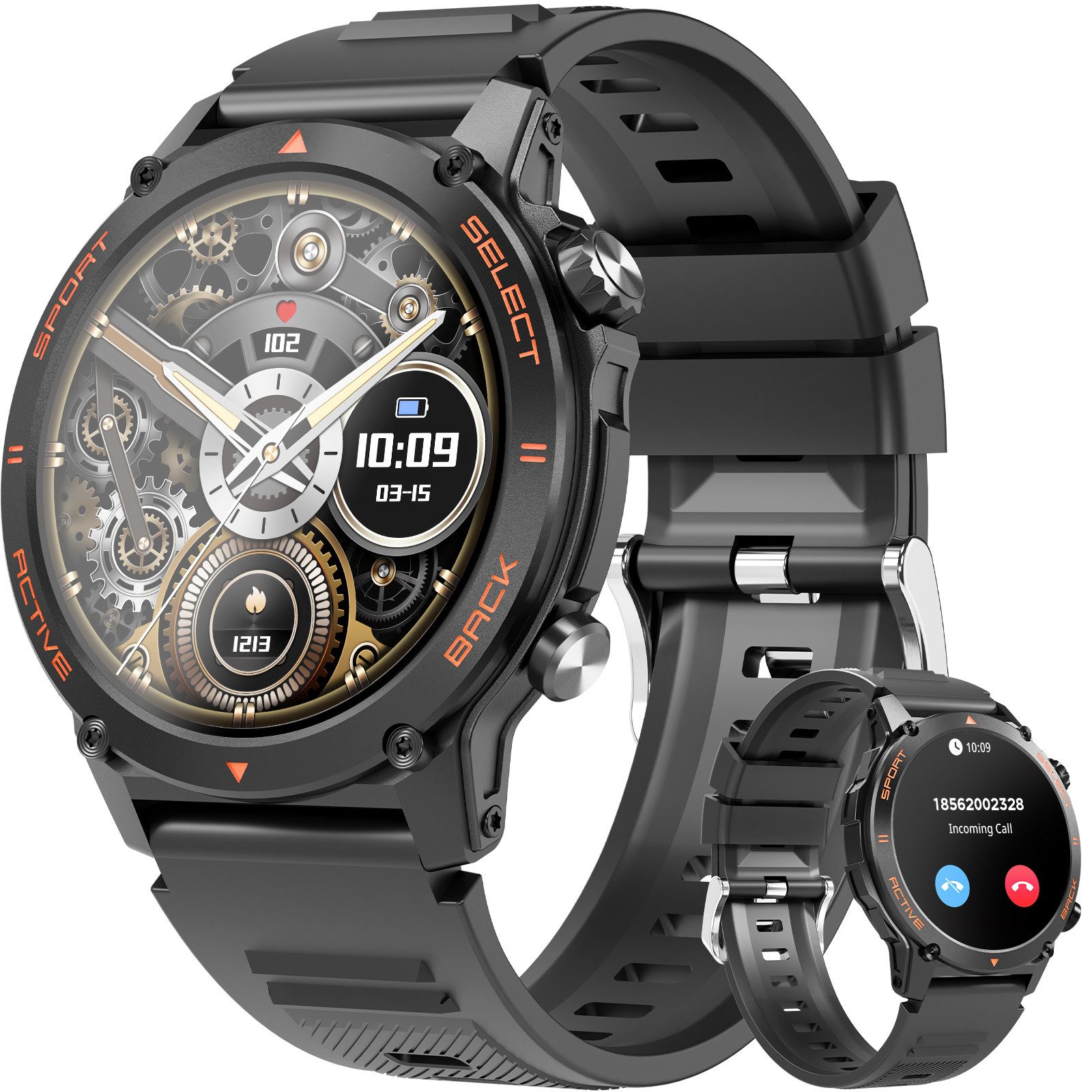 Yuede AMOLED Smartwatch Herren mit Telefonfunktion, 1.43" Zoll Rund Smartwatch (1,43-Zoll-IPS-HD-Bildschirm aus gehärtetem Glas mit Strahlenschutz Zoll) 123+ Sportmodi, Fitness Uhr mit Herzfrequenz, Blutdruck, Sauerstoff, Schlafüberwachung, Schrittzähler, IP68 Wasserdicht Smartwatch, Kompatibel mit Android und iOS