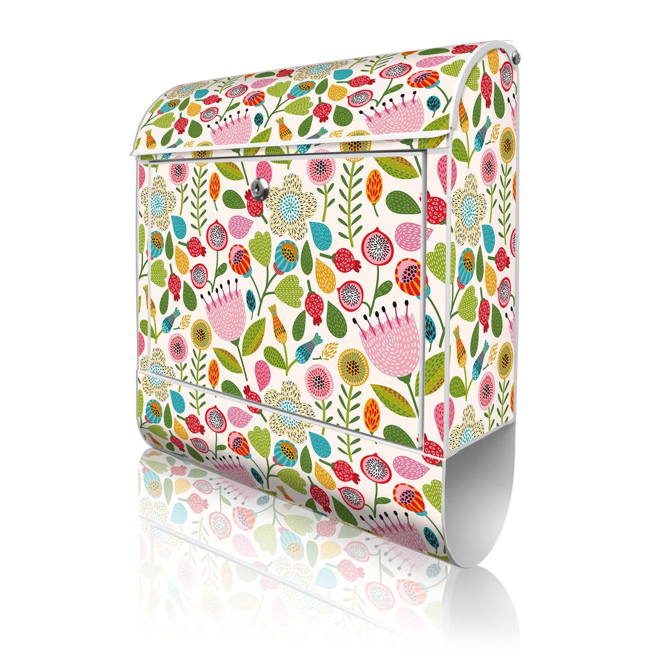 banjado Wandbriefkasten Weiß Stahl mit Motiv Rosa Kelch Hell (Wandbriefkasten witterungsbeständig, pulverbeschichtet, mit Zeitungsfach), 47 x 39 x 14 cm