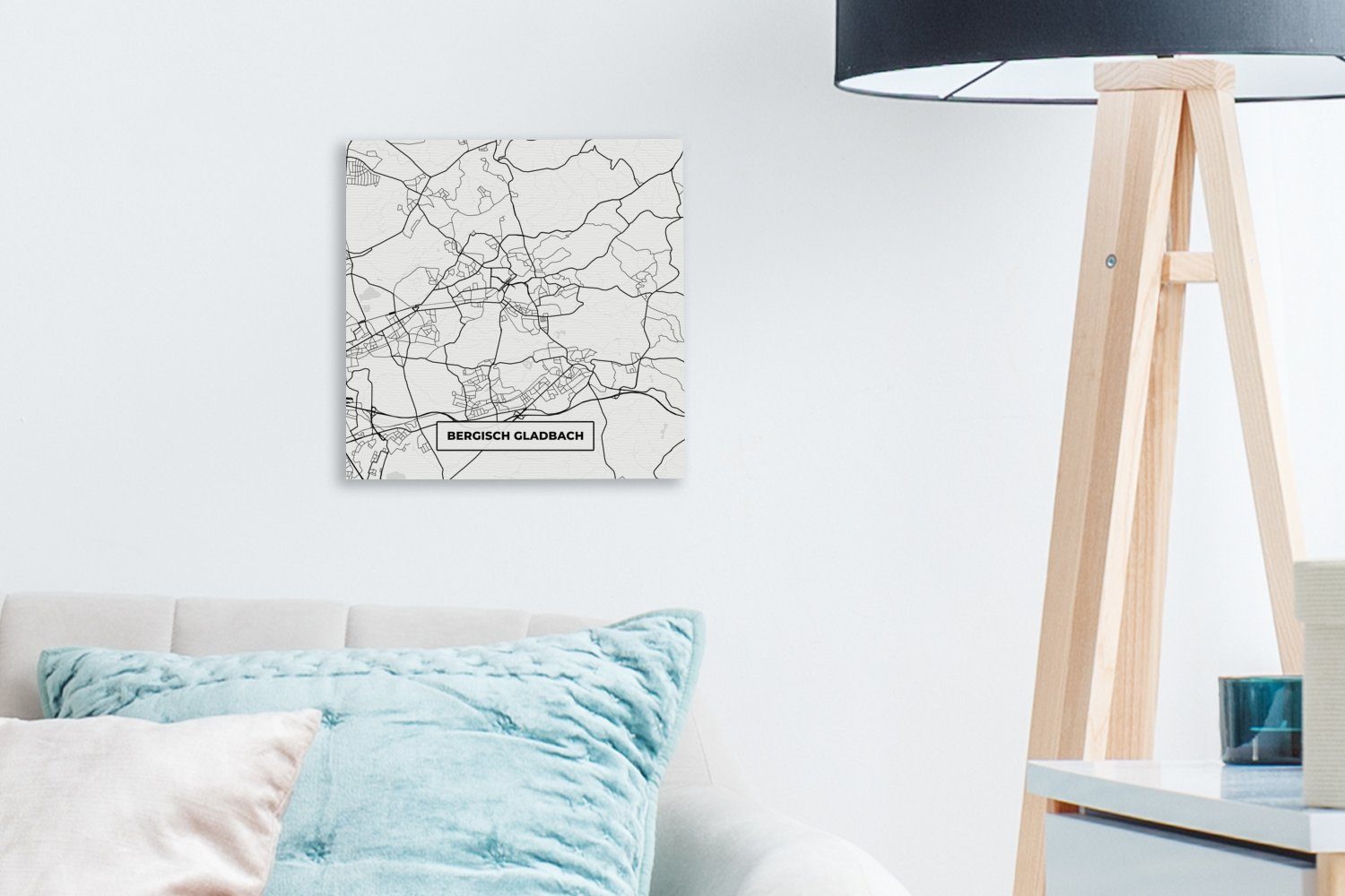 OneMillionCanvasses® Leinwandbild Bergisch Gladbach - Leinwand Bilder Stadtplan, Wohnzimmer - Schlafzimmer für St), (1 Karte