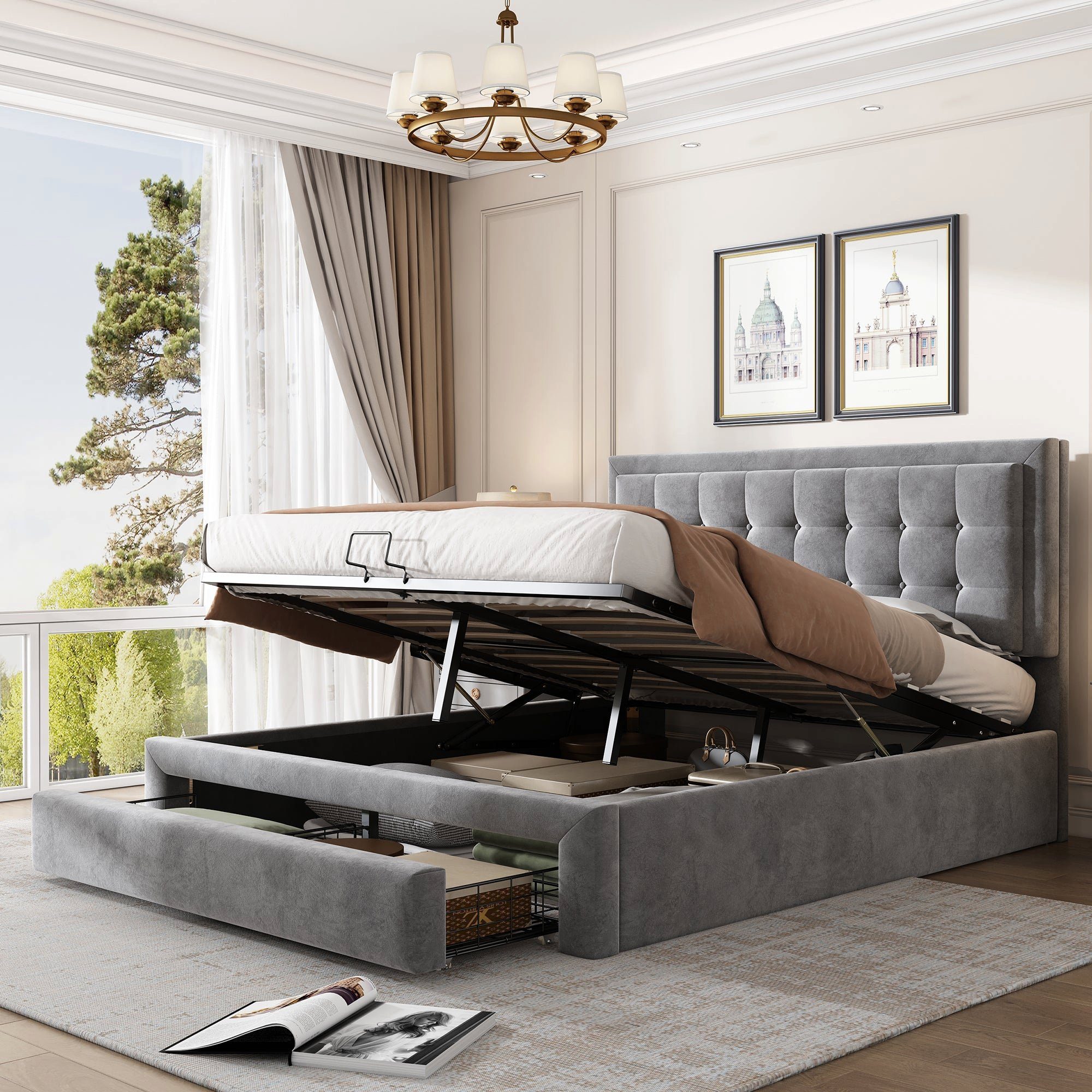 BUMHUM Bett Bett mit Kasten und Schubladen (Samtstoff Polsterbett  Lattenrost Doppelbett großer), Stauraum( 140 x 200 Grau)