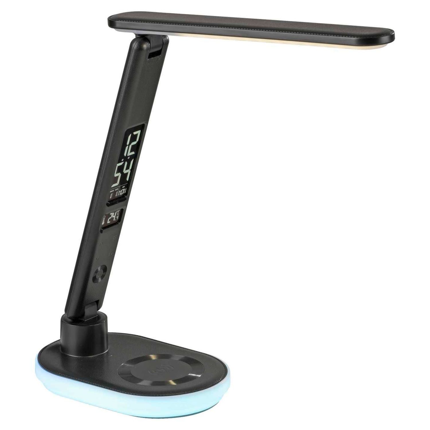 JUST LIGHT LED Schreibtischlampe TINA, H 54 cm, 2-flammig, Schwarz, Kunststoff, Anpassung der Farbtemperatur, Dimmfunktion, RGB-Farbwechsel, LED fest integriert, Extra-Warmweiß, Neutralweiß, Touchsensor, Handyladefunktion, Zeitanzeige