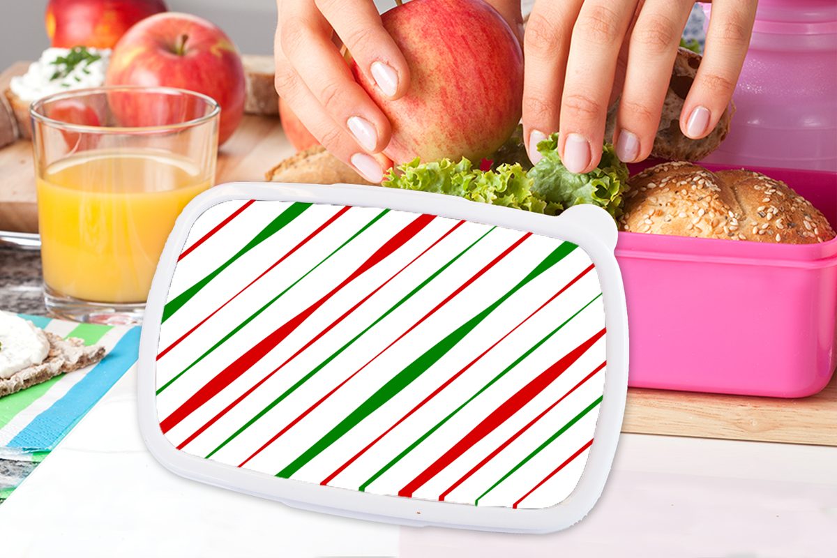 MuchoWow Lunchbox Snackbox, Kunststoff Erwachsene, - Muster Brotdose Streifen, Kunststoff, Weihnachten - Mädchen, rosa für (2-tlg), Kinder, Brotbox