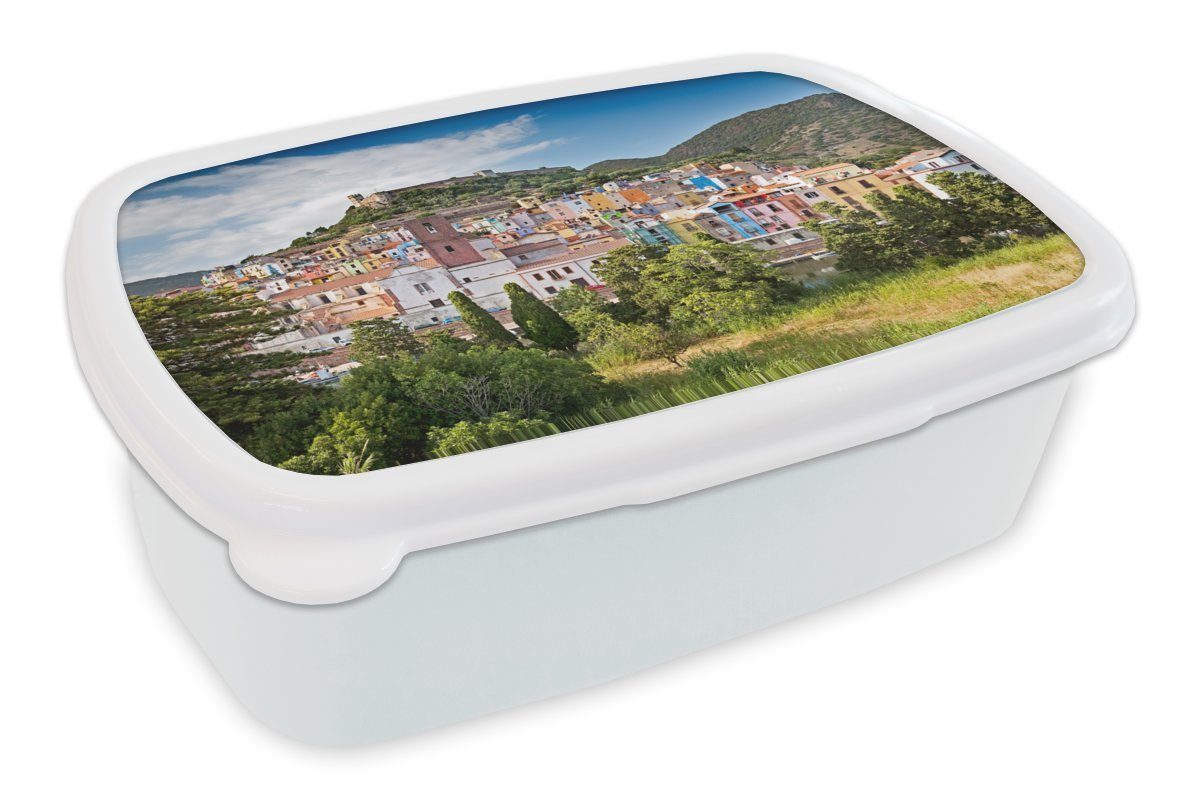 MuchoWow Lunchbox Der Blick auf die bunte Stadt auf Sardinien, Kunststoff, (2-tlg), Brotbox für Kinder und Erwachsene, Brotdose, für Jungs und Mädchen weiß