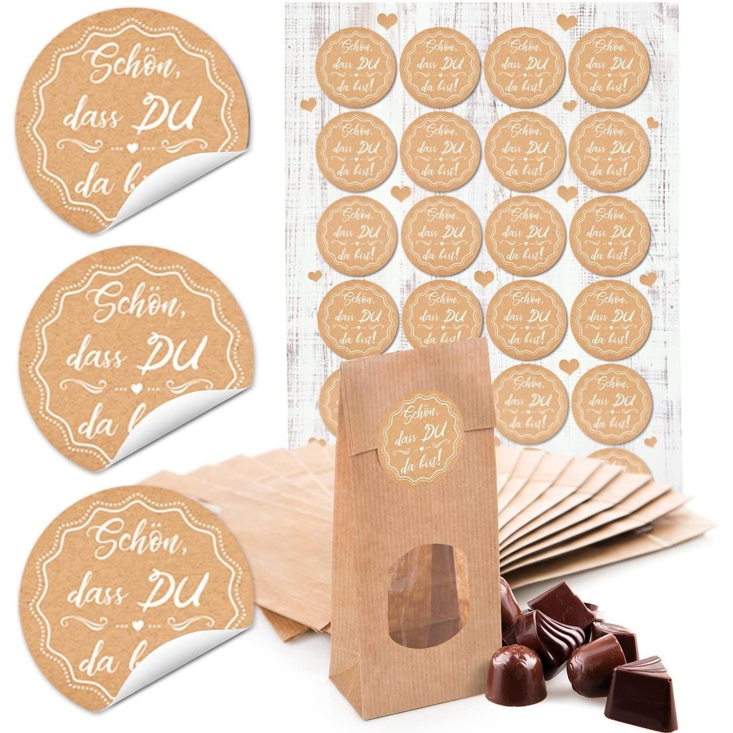 Logbuch-Verlag Aufkleber 24 kleine braune Papier-Tüten beige weiß creme-farben SCHÖN DASS DU DA
