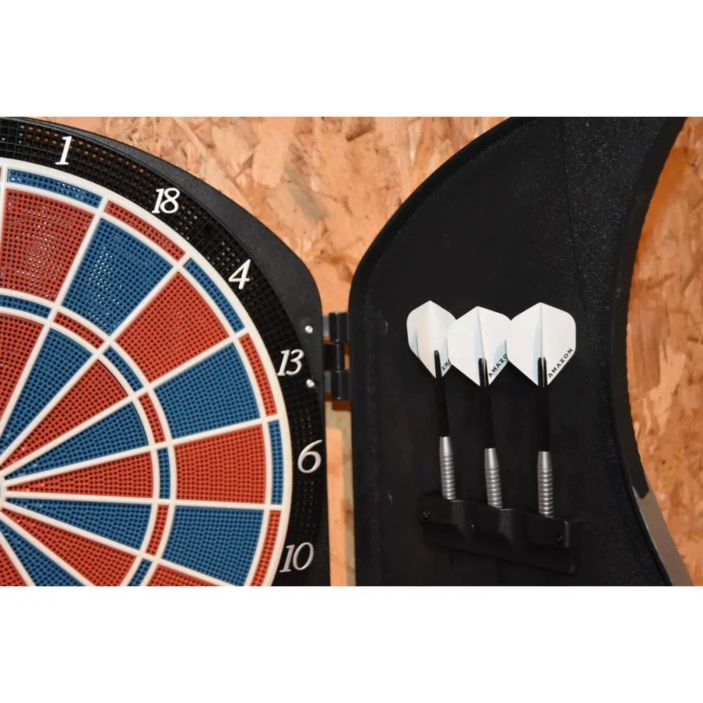 Sport-Knight® Dartscheibe Elektronik-Dartscheibe Deluxe, mit Türen, 21 Spielmodi, bis 8 Spieler, (Dart-Set, Dartscheibe mit 6 Pfeilen und Kabinett)