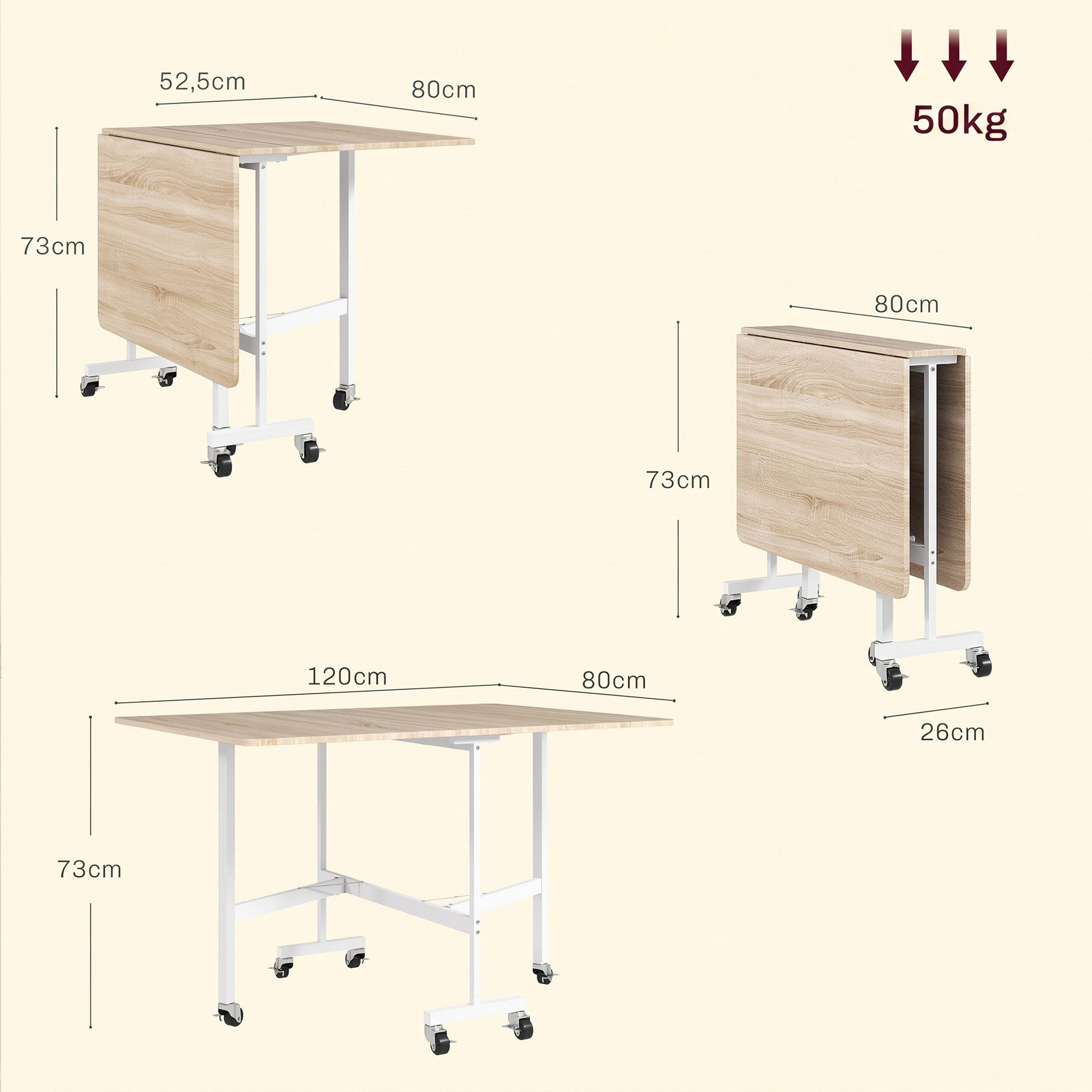 HOMCOM Klapptisch (Küchentisch, 1-St., Esszimmertisch), für kleine Räume, Küche, bis 50 kg belastbar, Eiche