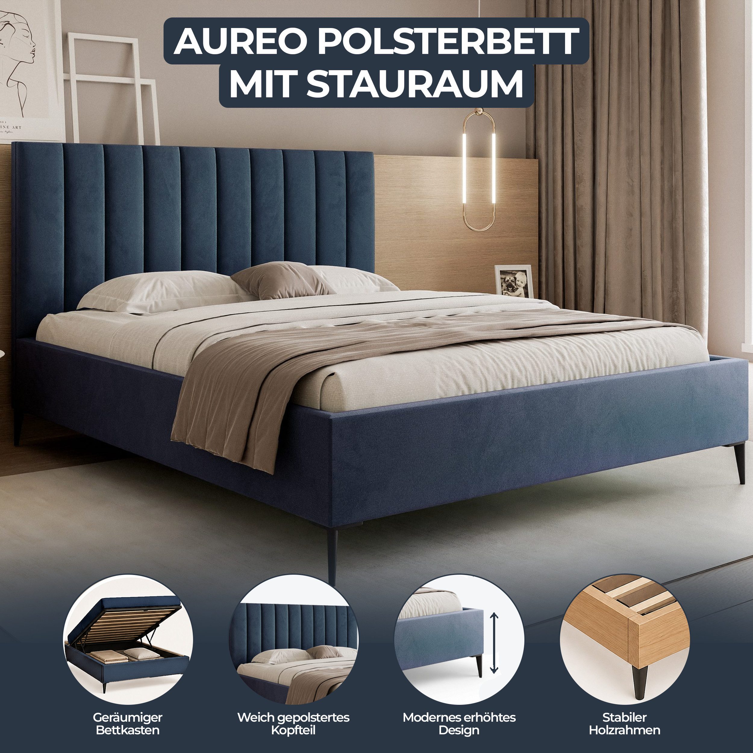 Goldstoff Polsterbett Elegantes Bett "AUREO" mit hohem Kopfteil & Stauraum für Schlafzimmer (120–200x200 cm, Kopfteilhöhe: 90/110 cm, Seitenhöhe: 25/40 cm), Modernes Bett mit Stauraum & gepolstertem Kopfteil in elegantem Design