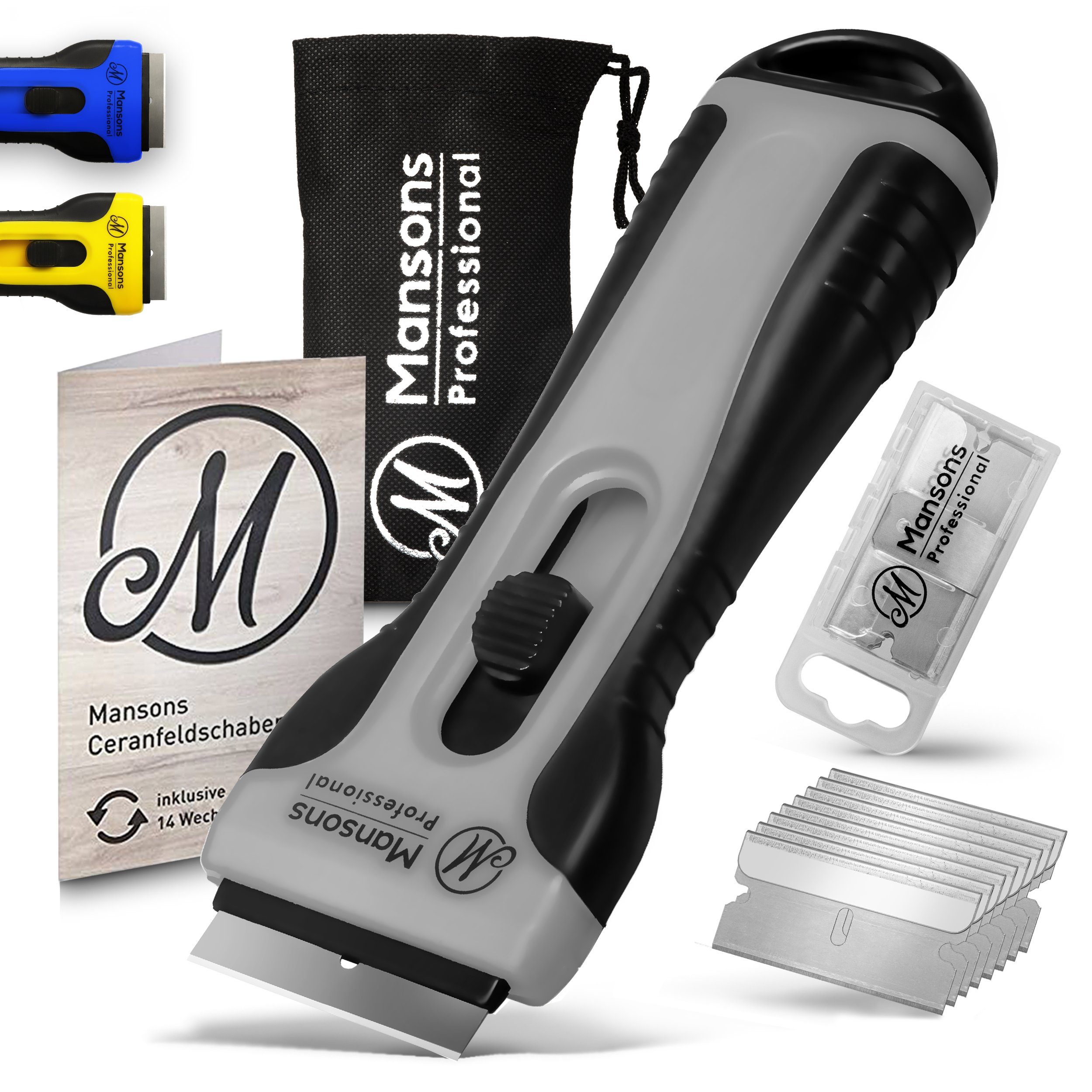 Mansons Glasschaber Ceranfeldschaber mit 15 Klingen Ceran® Schaber für Kochfeld und Backofen, Set mit Aufbewahrungsbeutel