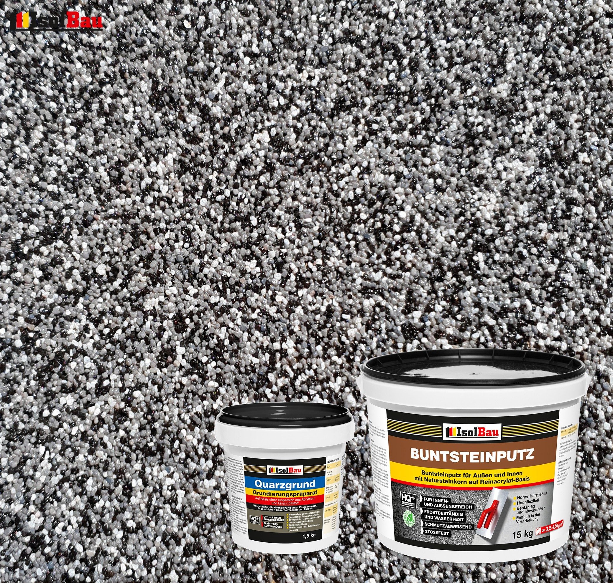 None Gipsputz Set Mosaikputz 15 kg Buntsteinputz BP30 Sockelputz + Quarzgrund 1,5 kg Körnung 1,8 mm; Trocknung 12–48h; Verbrauch 3,2–4,5 kg/m²