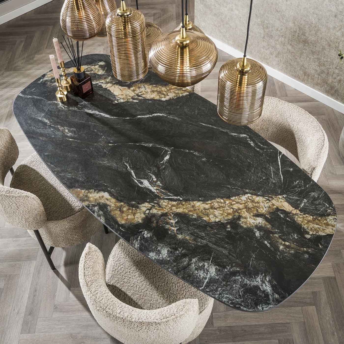 LEVEN Lifestyle Esstisch Esszimmertisch oval Tischplatte Keramik schwarz Fossil 180 x 90 cm, Keramikplatte in grauer Natursteinoptik mit weißen und goldenen Adern