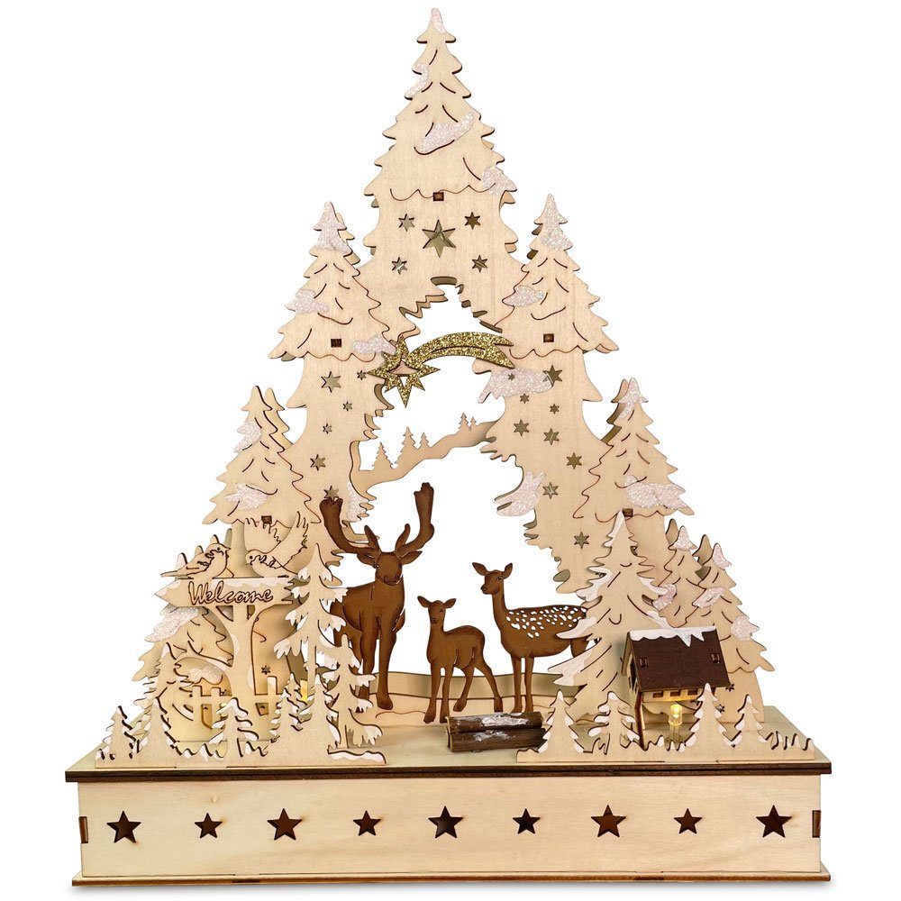 RIFFELMACHER & WEINBERGER LED Schwibbogen Baumleuchter Hirsche und Tannen mit LED Beleuchtung 29 x 39 cm - 76145, Natur - Weihnachtsdekoration