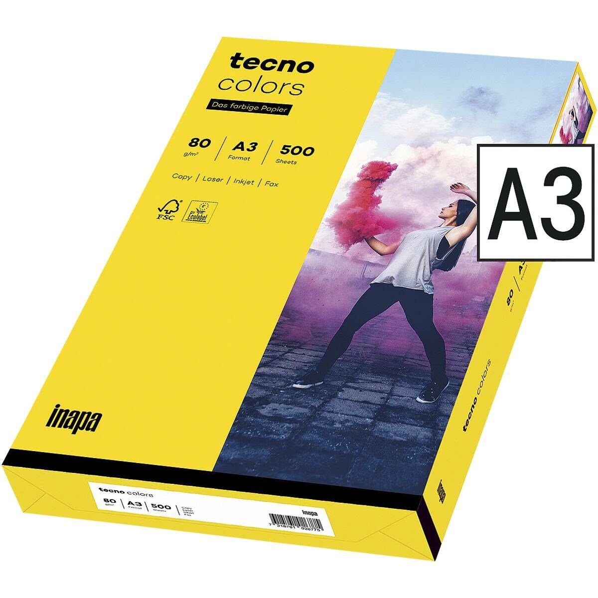 Colors, Inapa tecno Format tecno A3, Blatt Rainbow DIN / Kopierpapier und Intensivfarben, 80 g/m², intensivgelb Drucker- 500