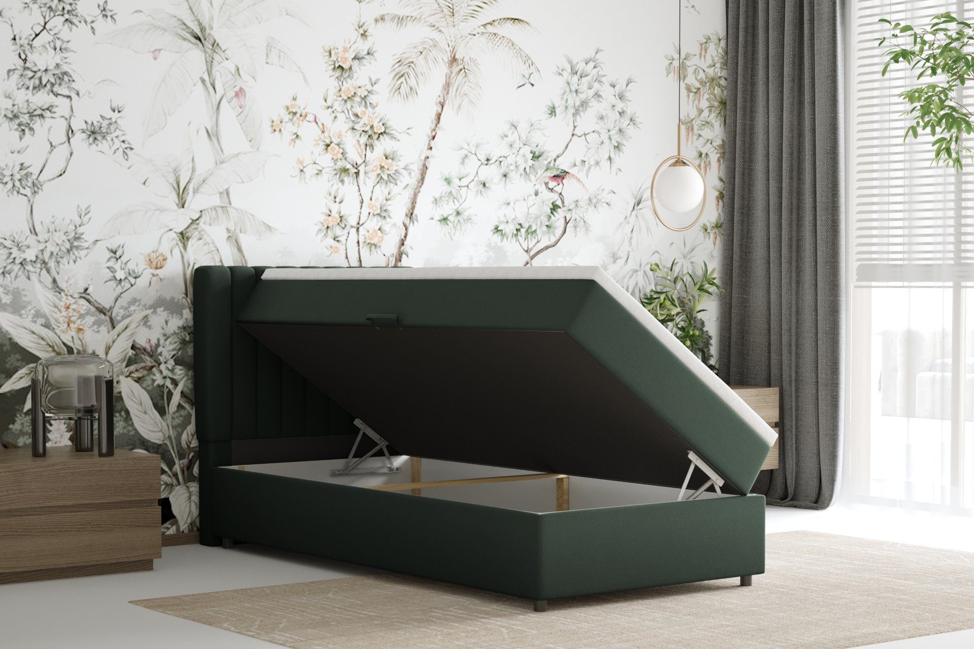 Homesy Boxspringbett EVEREST – Komfortables Einzelbett im modernen Trenddesign (Bett inkl. einem Bettkasten und Topper), Große Auswahl an Polsterfarben
