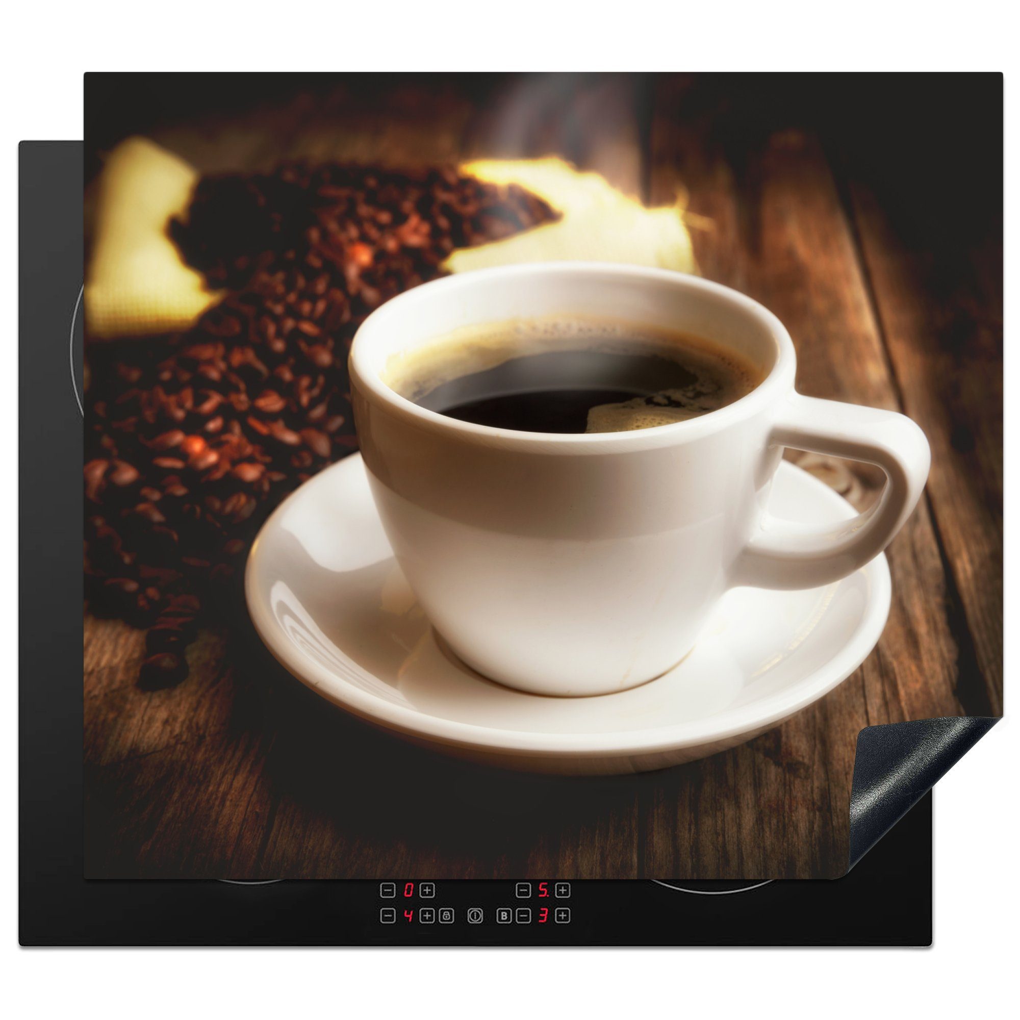 MuchoWow Herd-Abdeckplatte Eine heiße Tasse Kaffee mit Kaffeebohnen, Vinyl, (1 tlg), Ceranfeldabdeckung Küche, Herdabdeckplatte Einteilig, 60x52 cm