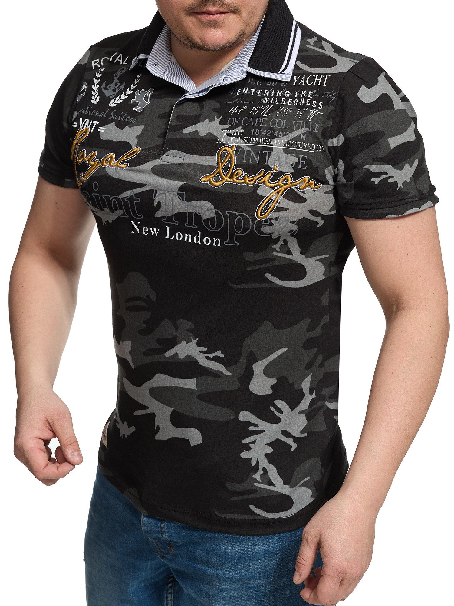 L.gonline Poloshirt Herren Polo Shirt Royal Design, Washed Shirt, Kurzarm Herrenshirt, (Packung, 1-tlg) mit, Frontprint, mit Logoprint Antra Camouflage