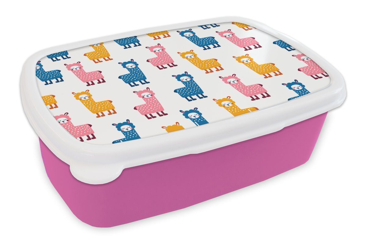 MuchoWow Lunchbox Lama - Tiere - Muster - Rosa - Blau, Kunststoff, (2-tlg), Brotbox für Erwachsene, Brotdose Kinder, Snackbox, Mädchen, Kunststoff