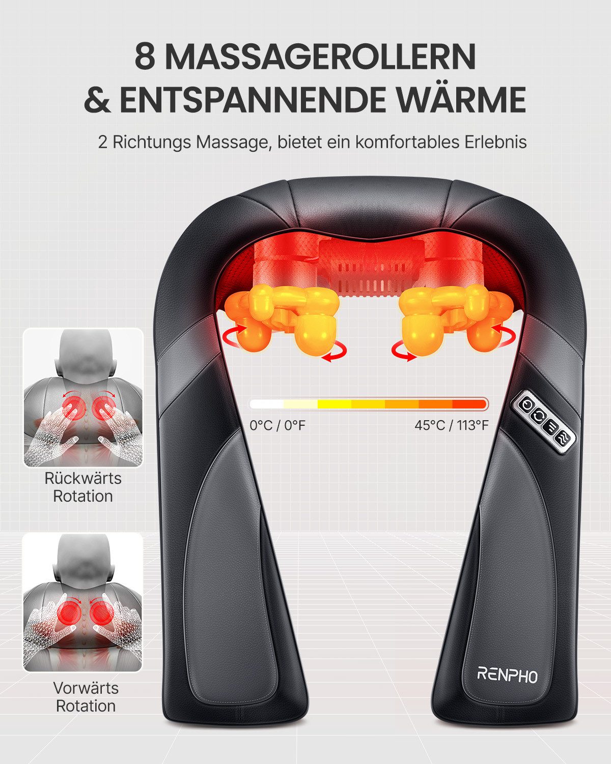 RENPHO Nacken-Massagegerät Shiatsu Nacken-& Schultermassagegerät U-Neck Go SNM067, Shiatsu Tiefenentspannung für Nacken & Schultern, jederzeit & überall